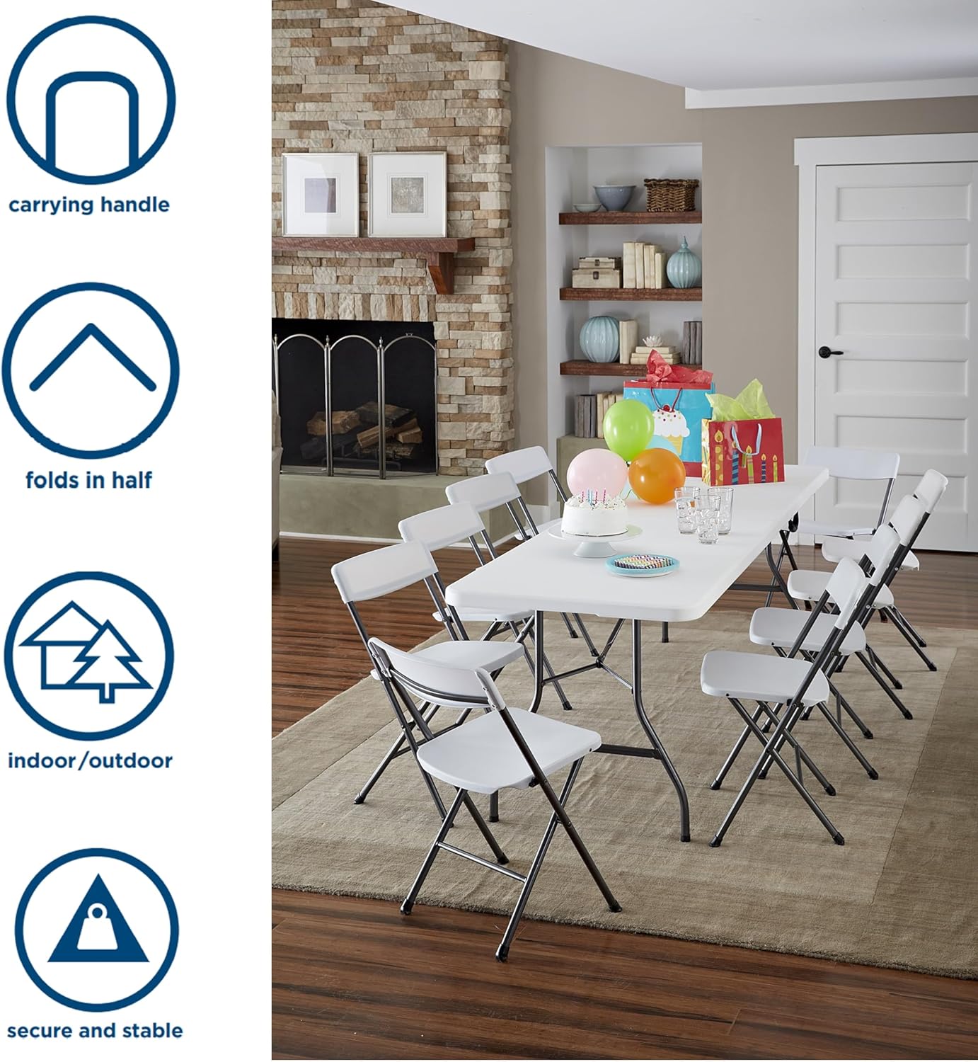 Cosco 6ft Fold-in-Half Blow Molded Folding Table, Indoor/Outdoor, Comfort Handle, Lightweight Plastic Construction - White