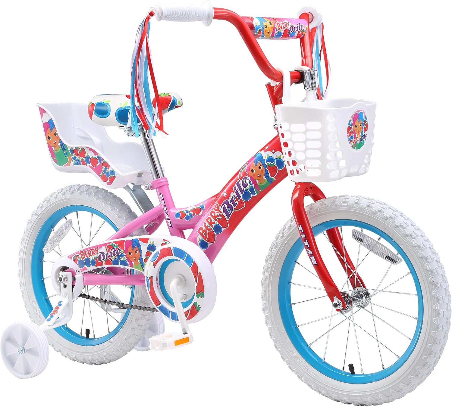 Titan Girls BMX Bike for Kids Ages 4-7, 16-Inch Wheels, 9-Inch Frame, Training Wheels, Toy Seat, Doll Basket, Streamers, First Bike, Princess Bicycle, Gift for Girls