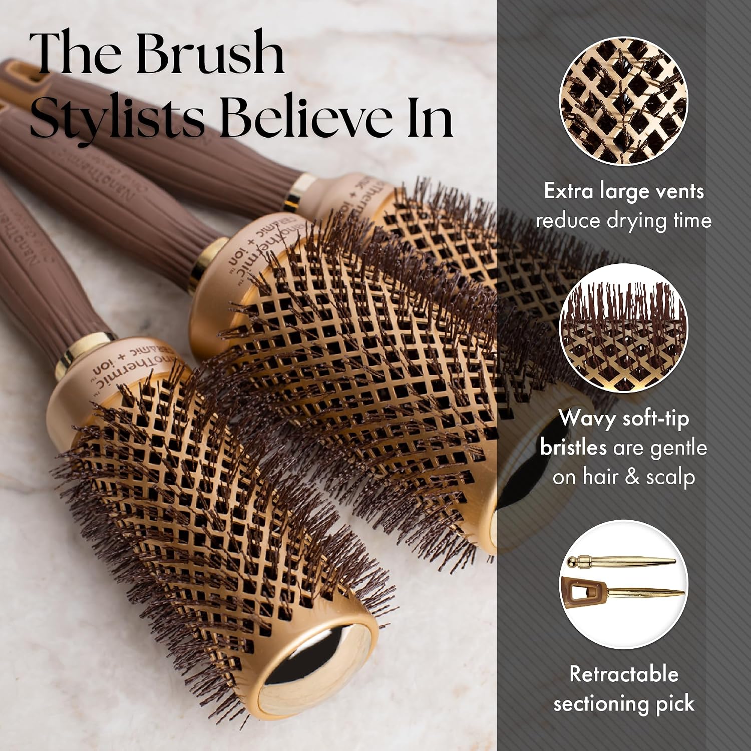 Olivia Garden NanoThermic Ceramic + Ion Round Thermal Hair Brush - Not Electrical - Professional Blowout Brush for Normal to Thick Hair