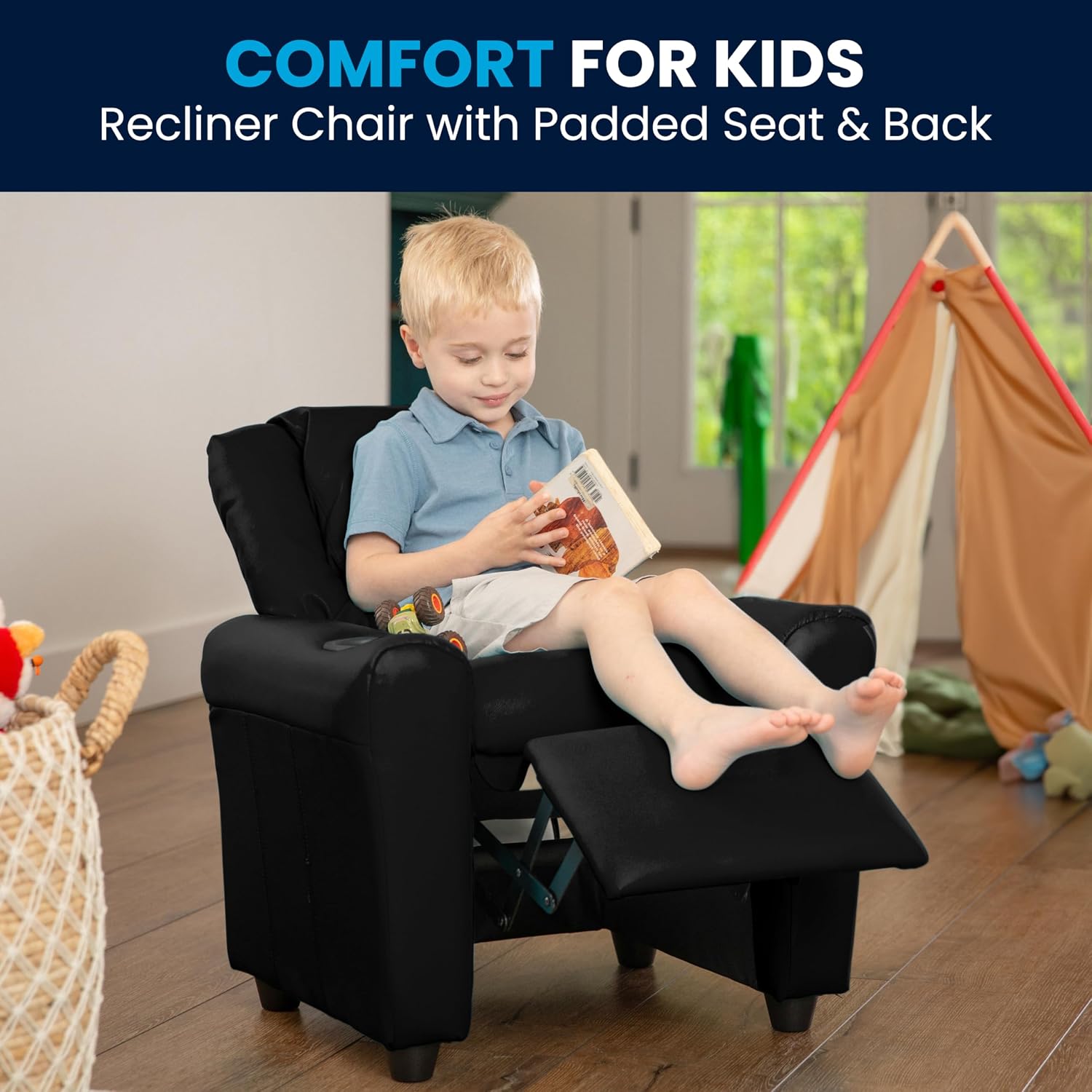 Flash Furniture Vana LeatherSoft Kids Recliner with Cup Holder, Headrest, and Safety Recline, Contemporary Reclining Chair for Kids, Supports up to 90 lbs., Brown | Manual Recline, Padded Seat and Back, Child-Friendly Design, Safety Recline Feature