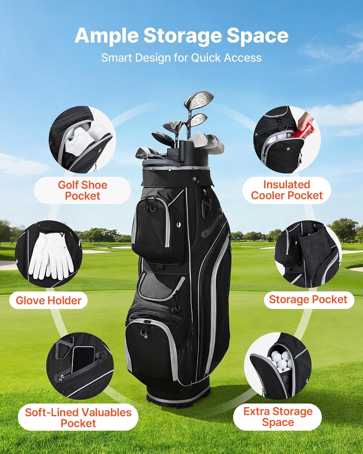 VEVOR Golf Cart Bag, 14 Way Molded Lock Top Divider Organizer, Golf Club Bag with Full-Length Divider, Handles, Storage Pockets, Shoulder Strap, Rain Hood, Smooth Zippers for Men & Women