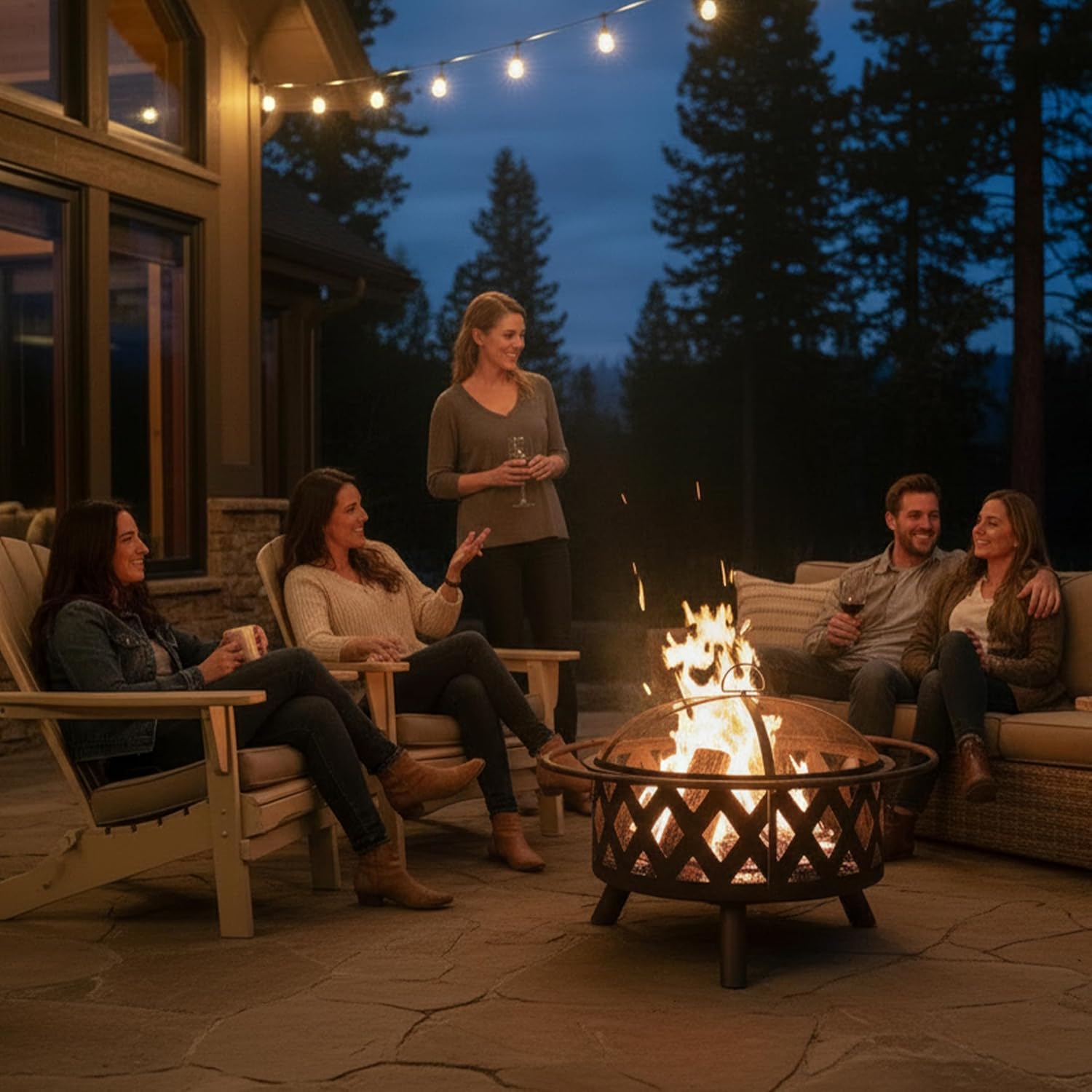 Sunnydaze Crossweave Large Outdoor Fire Pit, Wood Burning, Round, 36" | Black, Heavy Duty Steel Metal, Patio Fire Pit with Spark Screen, Poker, & Cover, Wood Firepit for Outside, Backyard, or Deck