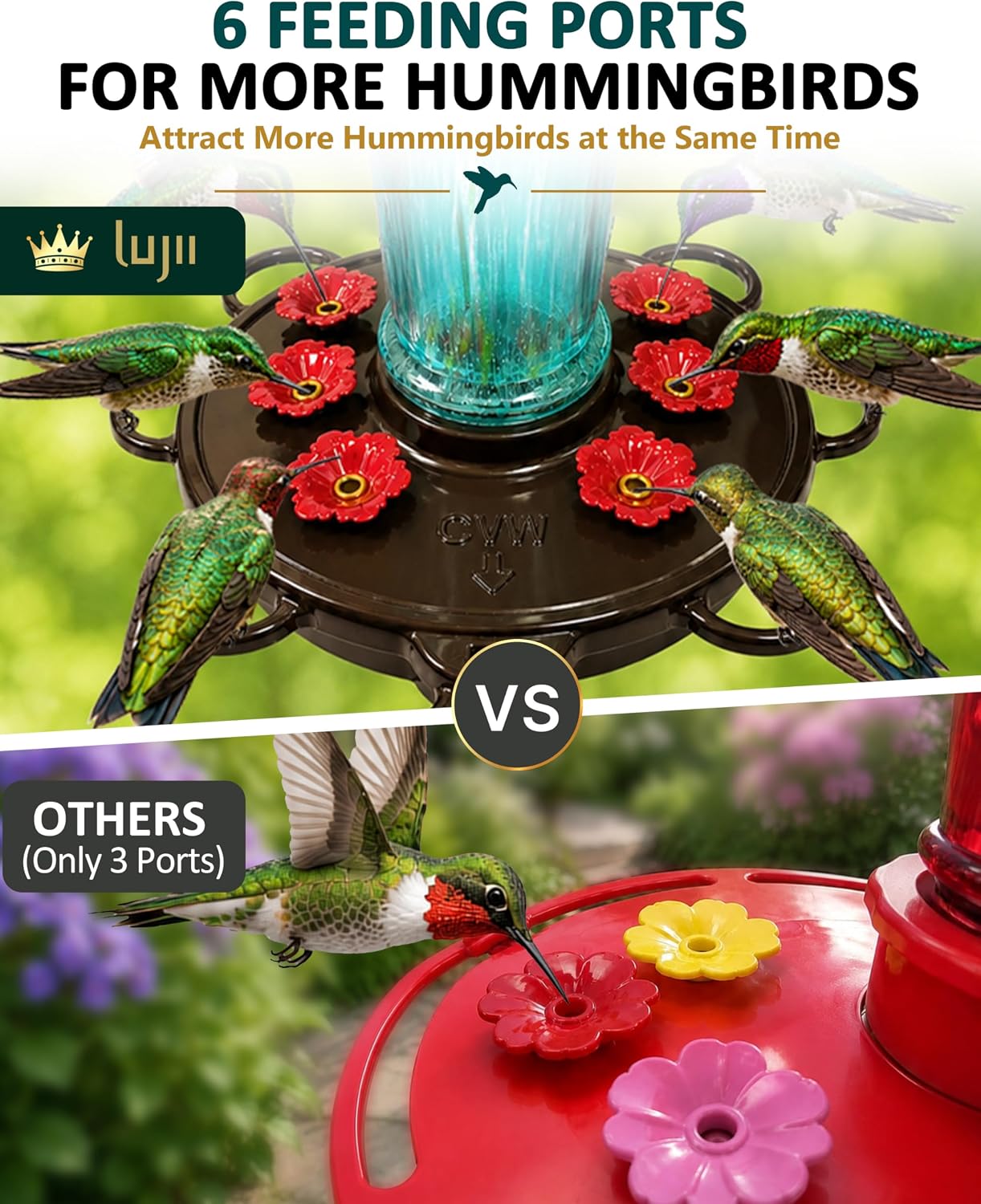 LUJII Hummingbird Feeder, Hand Blown Glass Hummingbird Feeder, Never Fade, 36 Fluid Ounces, 5 Feeding Metal Stations, Much Bigger, Garden Backyard Decorative, Containing Ant Moat (Blue)