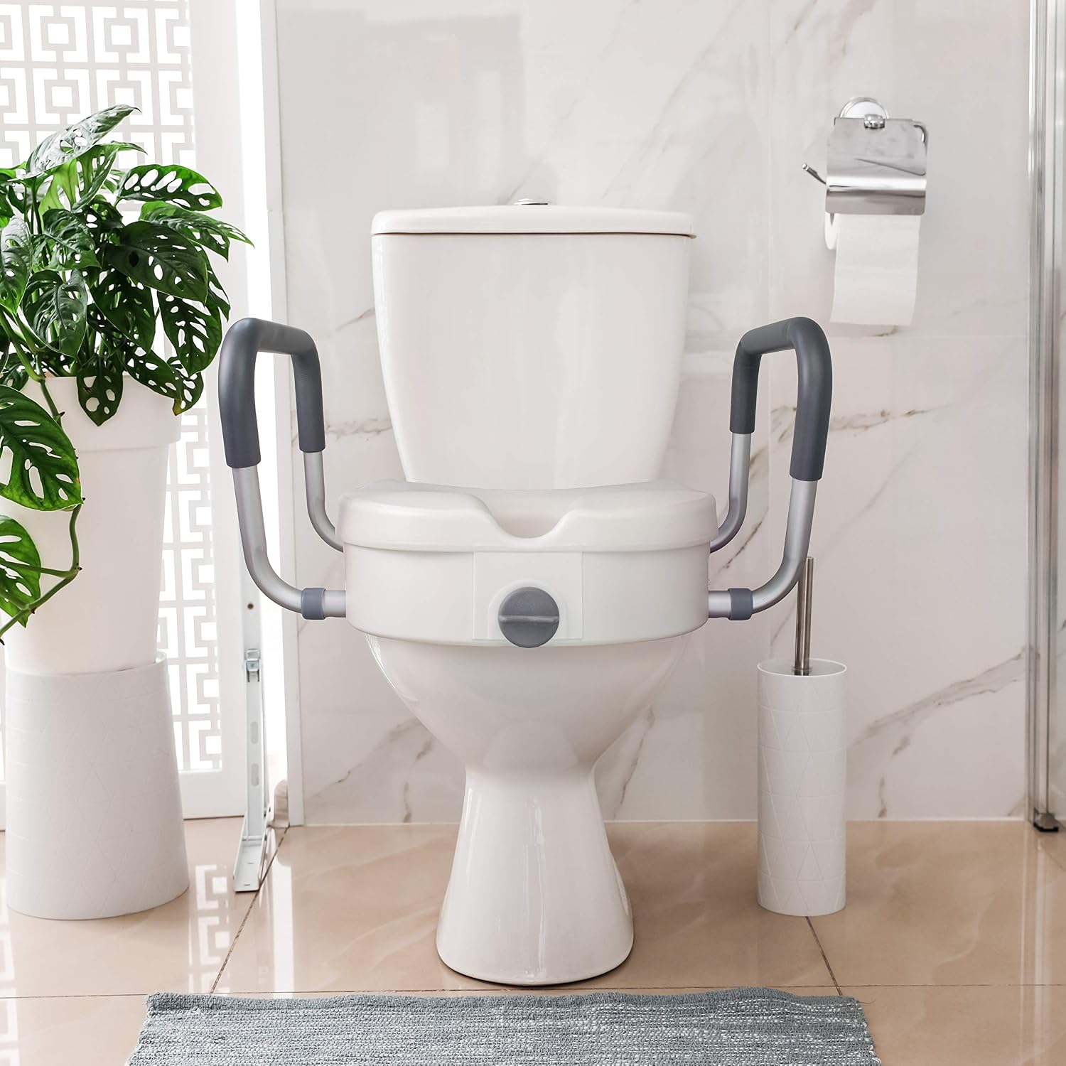 RMS Raised Toilet Seat - 5 Inch Elevated Riser with Adjustable Padded Arms
