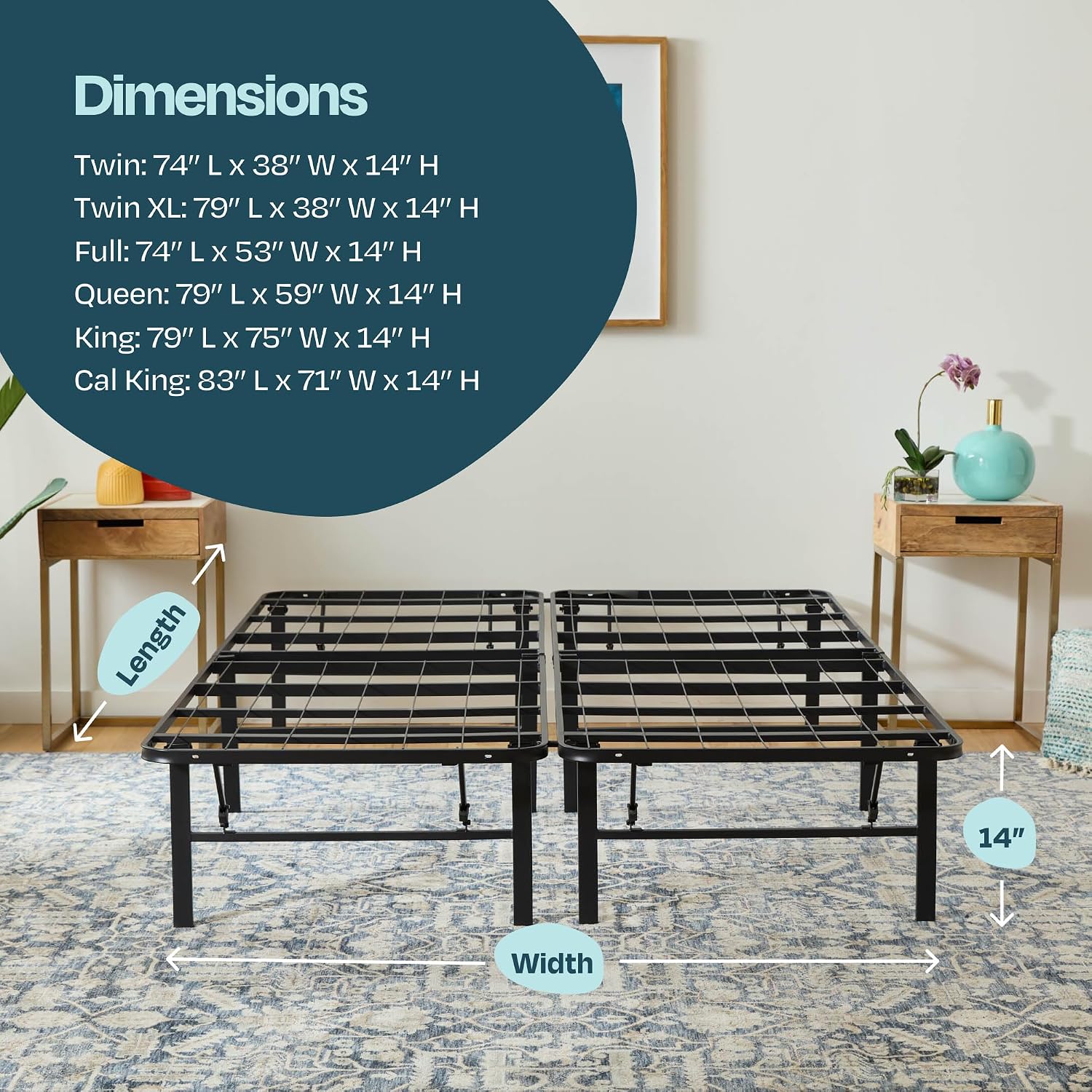Linenspa Folding Metal Platform Bed Frame - Easy Assembly - Sturdy Steel - No Box Spring Needed - Underbed Storage - Mattress Foundation - 14" High