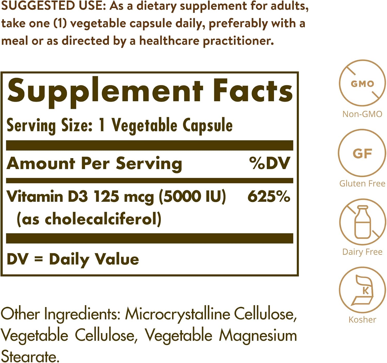 Solgar Vitamin D3 (Cholecalciferol) 125 Mcg (5000 IU), 120 Vegetable Capsules - Helps Maintain Healthy Bones & Teeth - Immune System Support - Non-GMO, Gluten Free, Dairy Free, Kosher - 120 Servings | Helps Maintain Healthy Bones & Teeth, Immune System S…