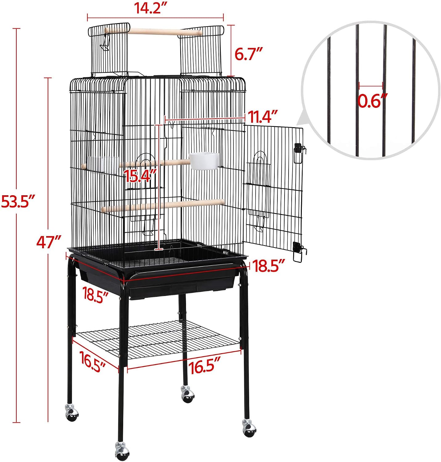 Yaheetech 53.5" Open Top Parrot Bird Cage with Detachable Rolling Stand, Roof Play Flight Cage for Cockatiels, Sun Conures