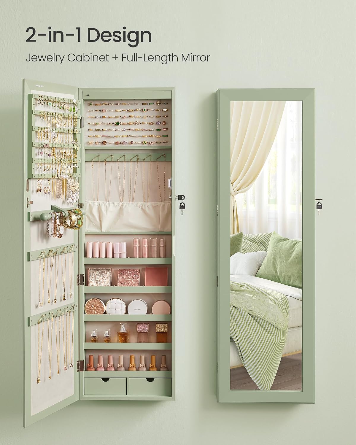 SONGMICS 6 LEDs Mirror Jewelry Cabinet, 47.2-Inch Tall Lockable Wall or Door Mounted Jewelry Armoire Organizer with Mirror, 2 Drawers, 3.9 x 14.6 x 47.2 Inches, White UJJC93W