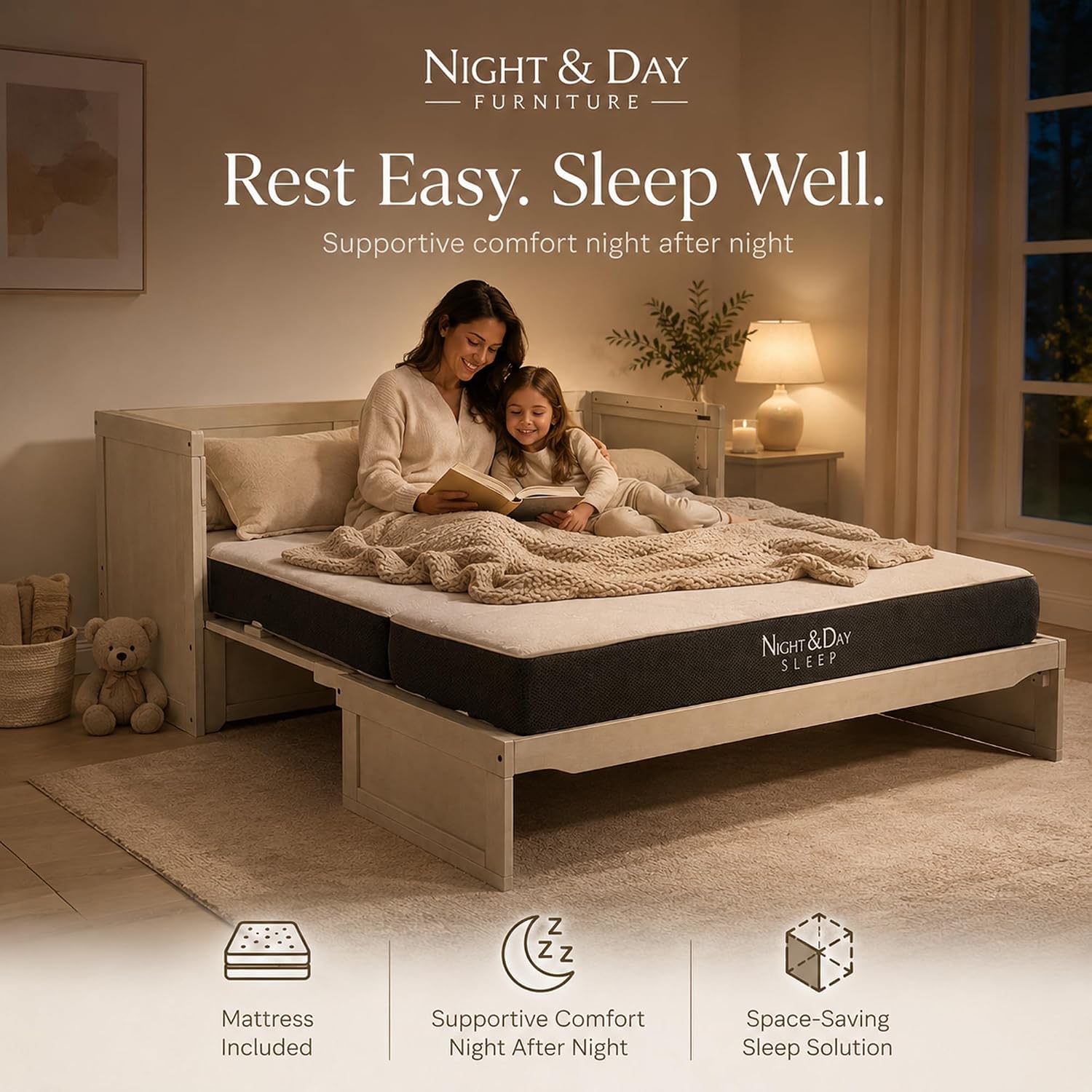 NIGHT & DAY Furniture Murphy Cube Cabinet Bed Pre-Assembled (Cherry, Queen) | Pre-Assembled