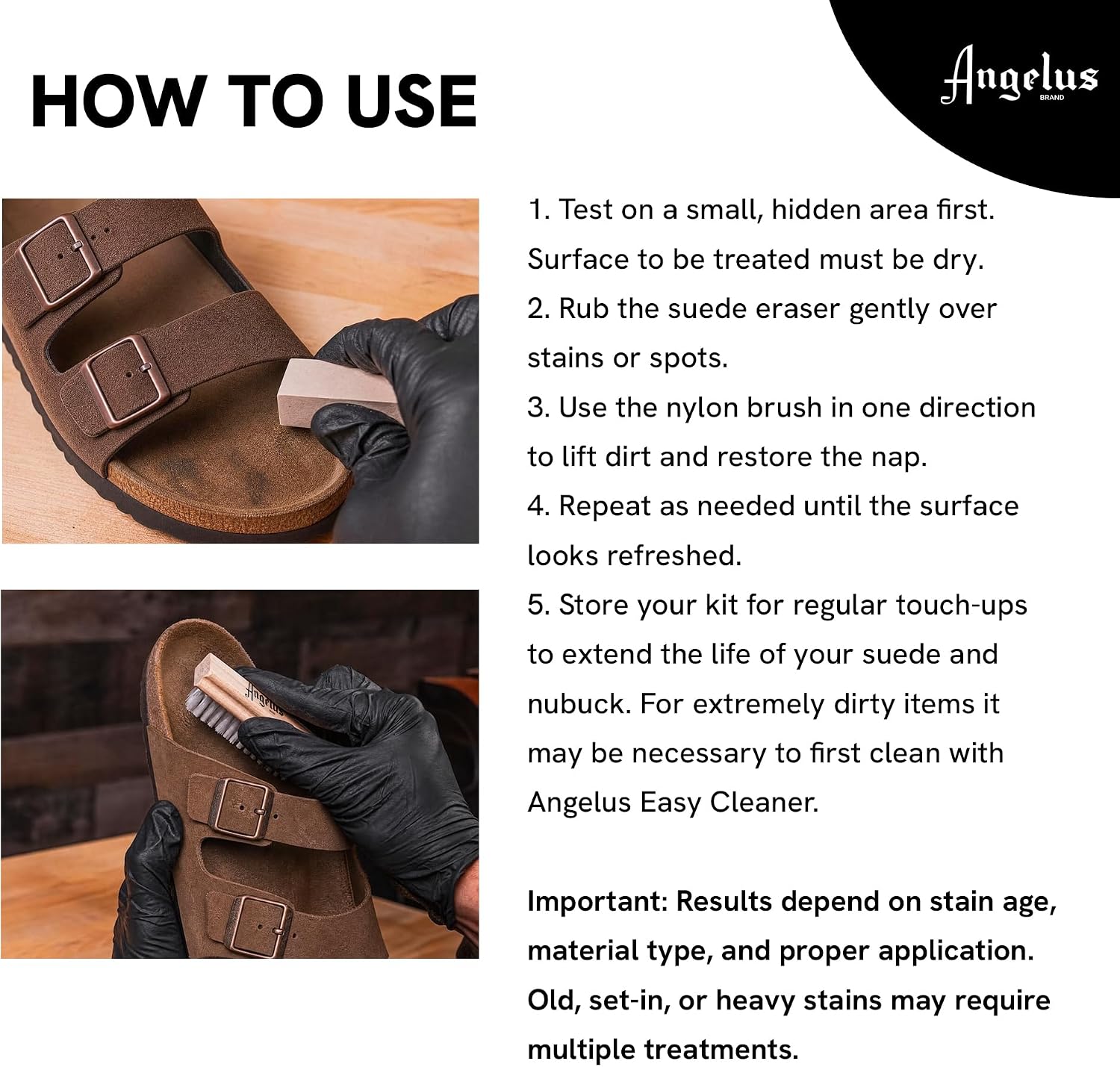Angelus Suede & Nubuck Cleaner Kit - 1 Cleaning Eraser Block and 1 Nylon Bristle Brush - Eliminates Stains, Removes Spots