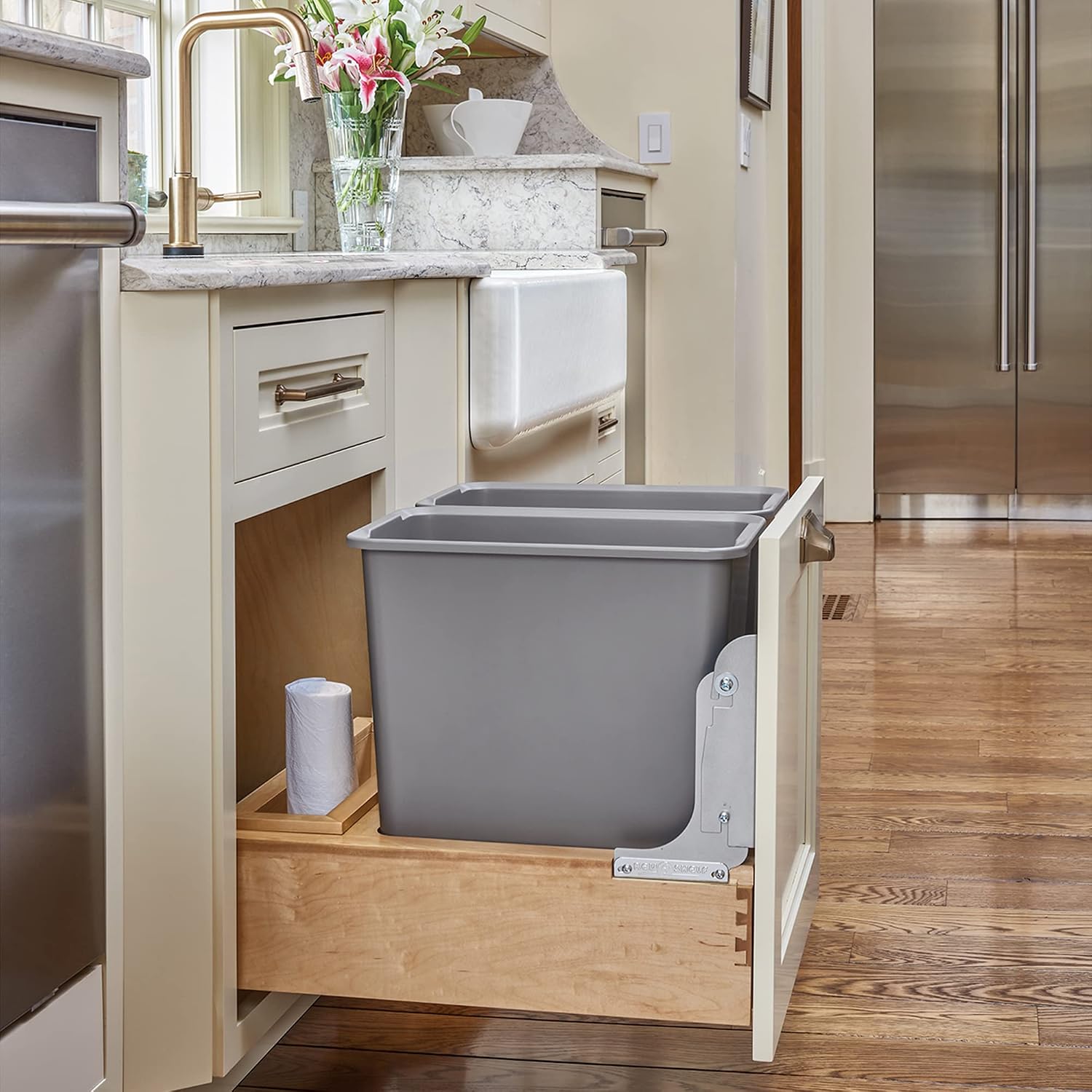 Rev-A-Shelf 35 Qt Bottom Mount Single Pullout Under Cabinet Kitchen Trash Cans for Base Cabinets, 150 Pound Rated Full-Extension Slides, Min Opening Width of 11.5", Silver, 4WCBM-15DM-1