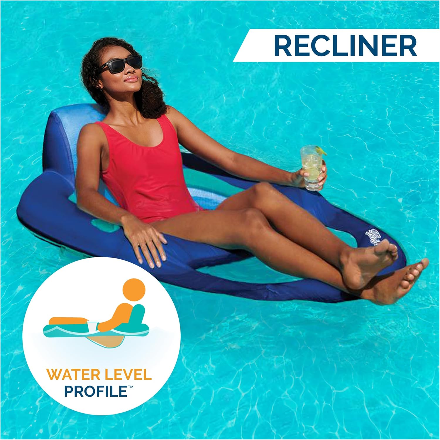 SwimWays Spring Float Recliner Chair for Swimming Pool, Inflatable Pool Floats Adult with Fast Inflation, Cup Holder & Foot Rest for Ages 15 & Up