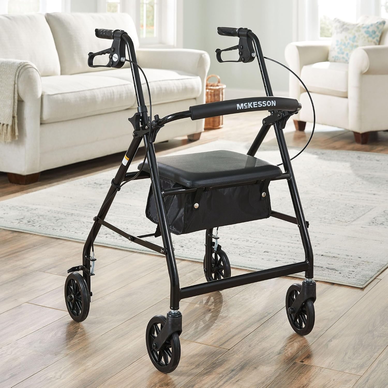 McKesson Rollator Walker with Seat and Wheels, Black, 1 ct