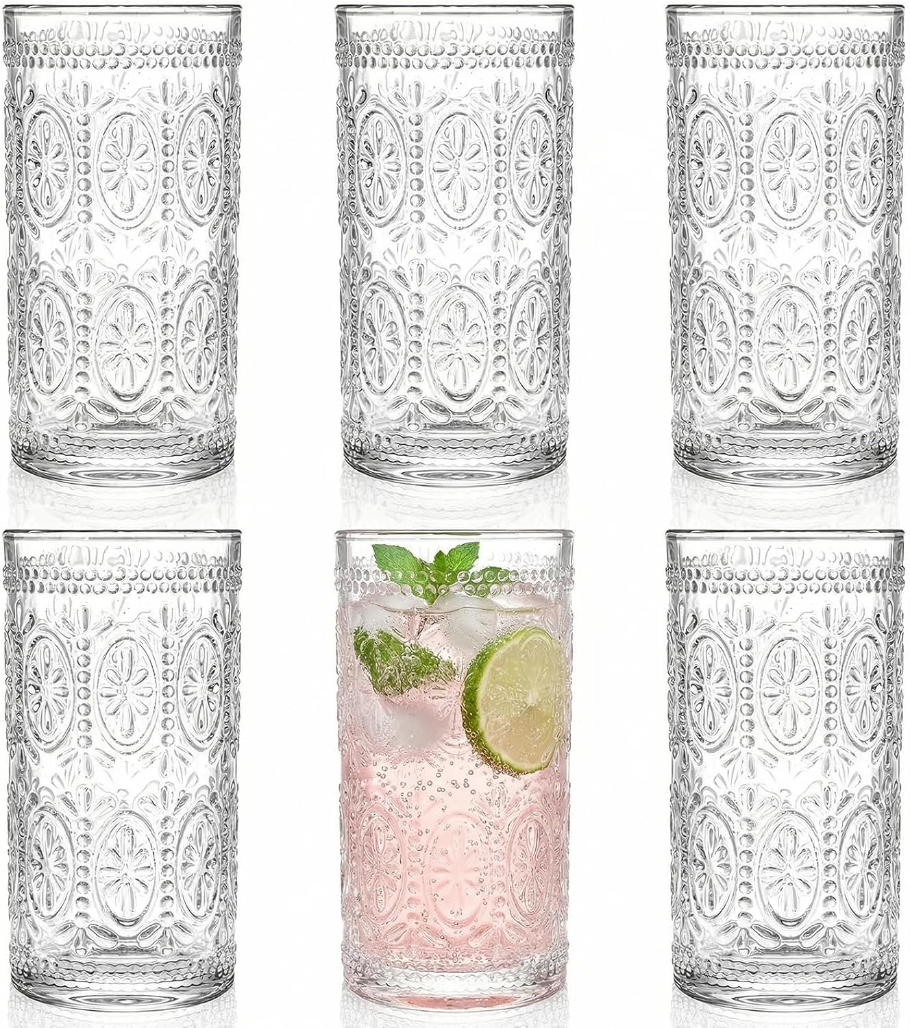 Bekith 6 Pack Romantic Drinking Glasses, 12 oz Highball Glasses, Thick Water Glasses, Tall Glass Cups for Beverages, Beer, Cocktail