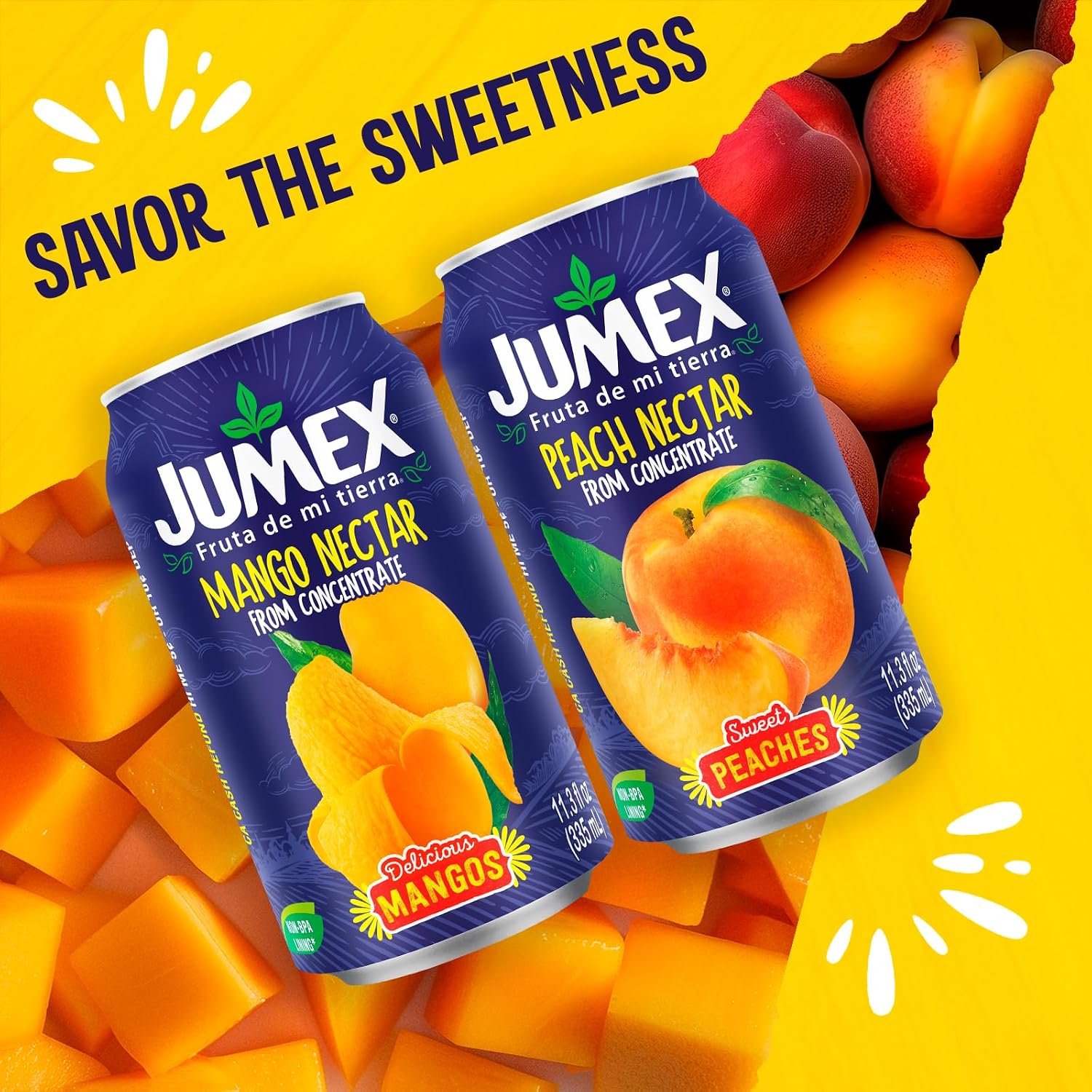 Jumex Mango Nectar Juice & Peach Nectar - Made with Fresh Fruit Puree - Tropical Fruit Juice Concentrate for Smoothie Mix, Cocktail Mixers & Kids Beverages - 11.3oz, 12 Pack Canned Drinks