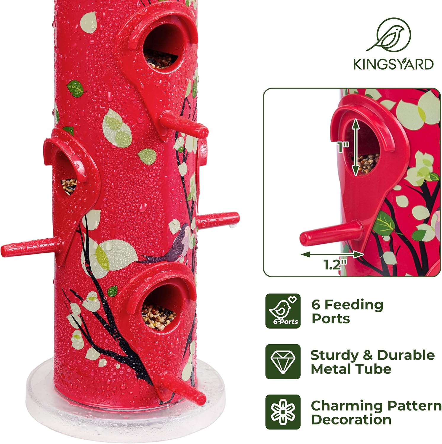 Kingsyard Metal Bird Feeders for Outdoors Hanging, Tube Bird Feeder | 14 in, 6 Feeding Ports, drainage holes, 2 lbs Seed Capacity, Weatherproof, Stays Dry & Fresh, Easy to Clean & Refill, Yellow