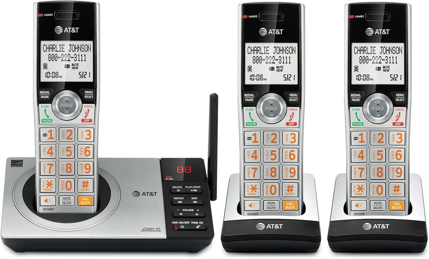 AT&T DECT 6.0 Expandable Cordless Phone with Answering System, Silver/Black with 3 Handsets