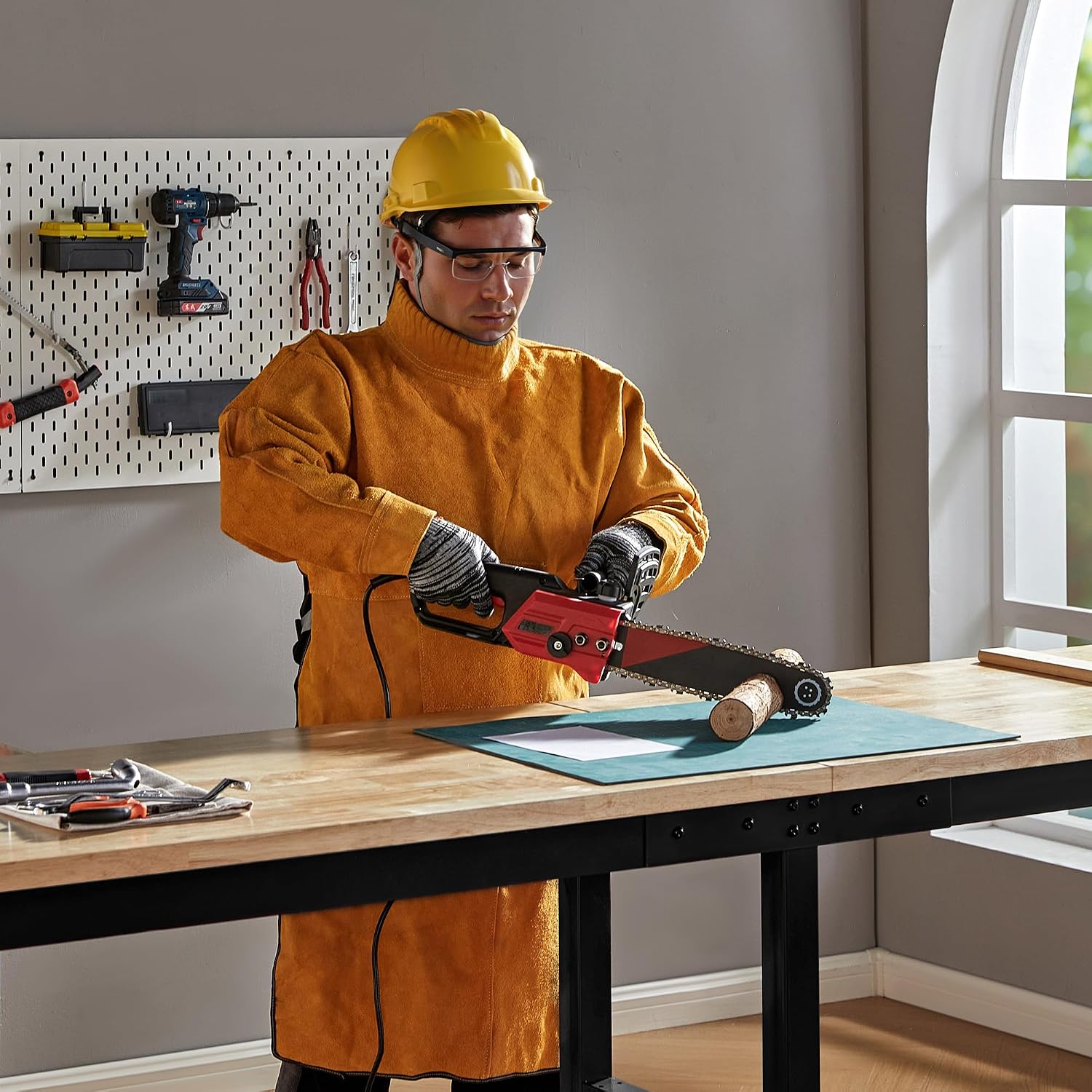 Albott 44 x 20-Inch Adjustable Workbench | 2000 Lbs Capacity, Solid Rubber Wood Top, Power Outlets and Hooks, for Garage, Workshop and Home Office, Black