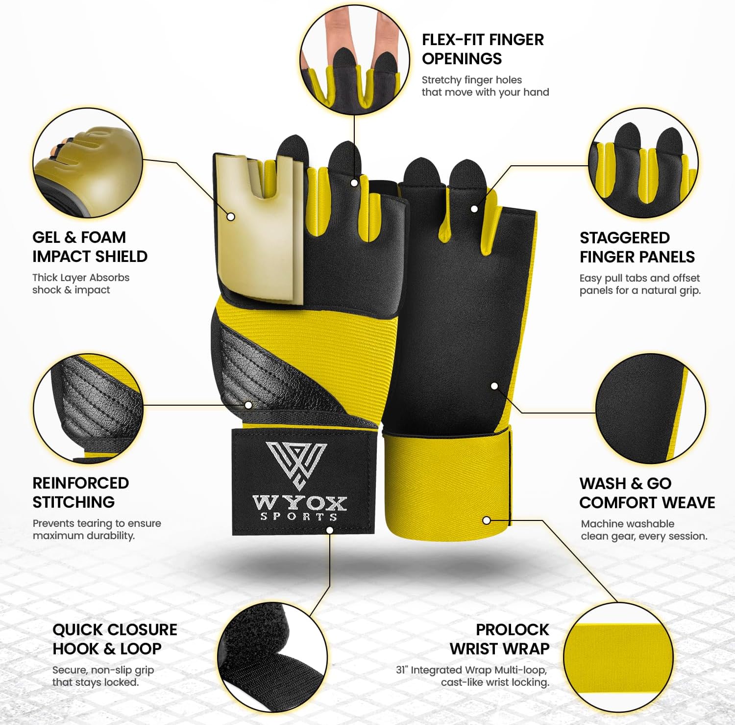 WYOX Neoprene Gel Boxing Hand Wraps Inner Gloves for Men & Women – 80cm/31in Quick Wrist Strap, Padded Knuckle Protection