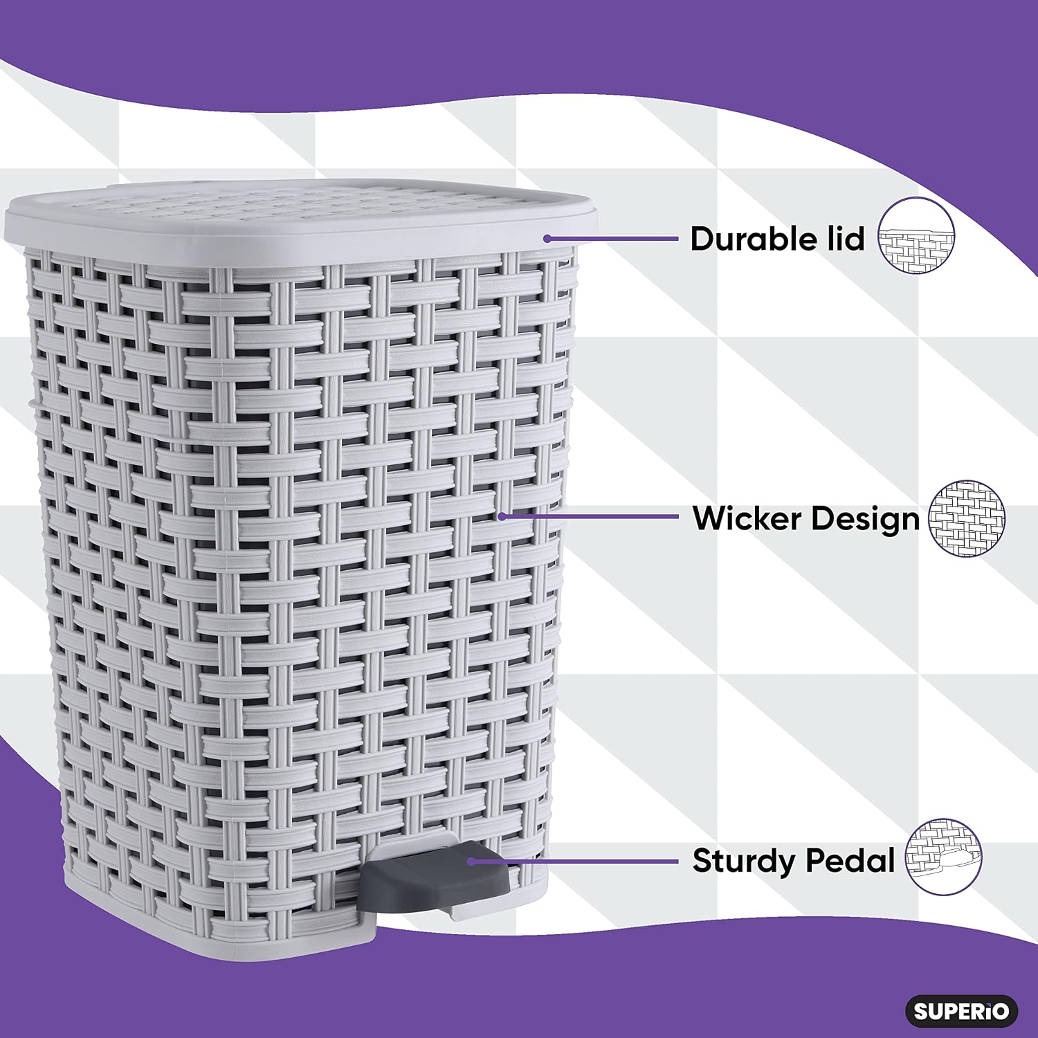 Superio Mini Trash Can with Foot Pedal Small Outdoor Garbage Can with Lid, 1.5 Gallon Plastic Waste Basket for Bathroom, Bedroom, Kitchen, Office, Patio (Wicker Brown 6 QT.)