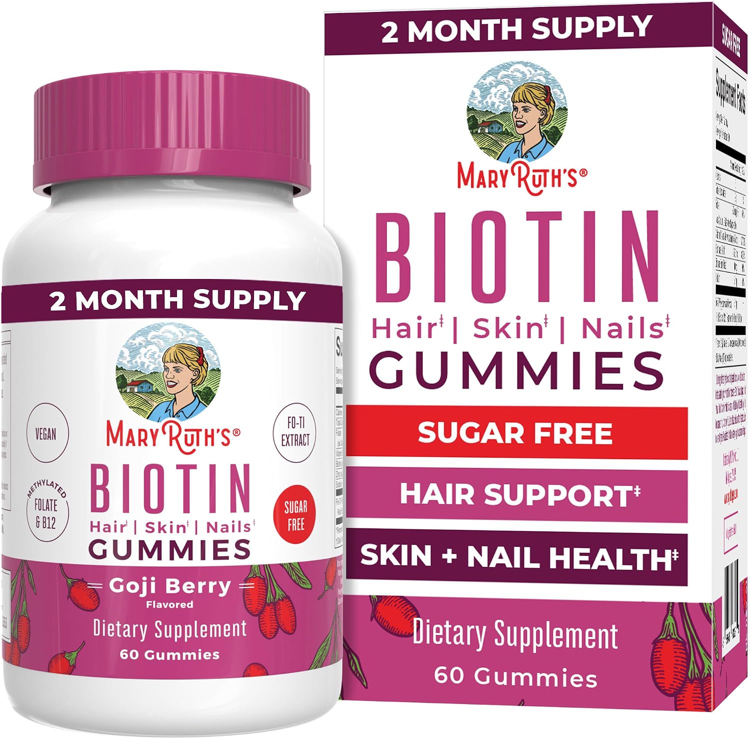 MARYRUTH'S Biotin Gummies, Hair Growth, Vegan, Sugar Free, Non-GMO, 60 Ct | Sugar Free, Vegan, Non-GMO, 2,500 mcg Biotin, Hair Skin and Nails