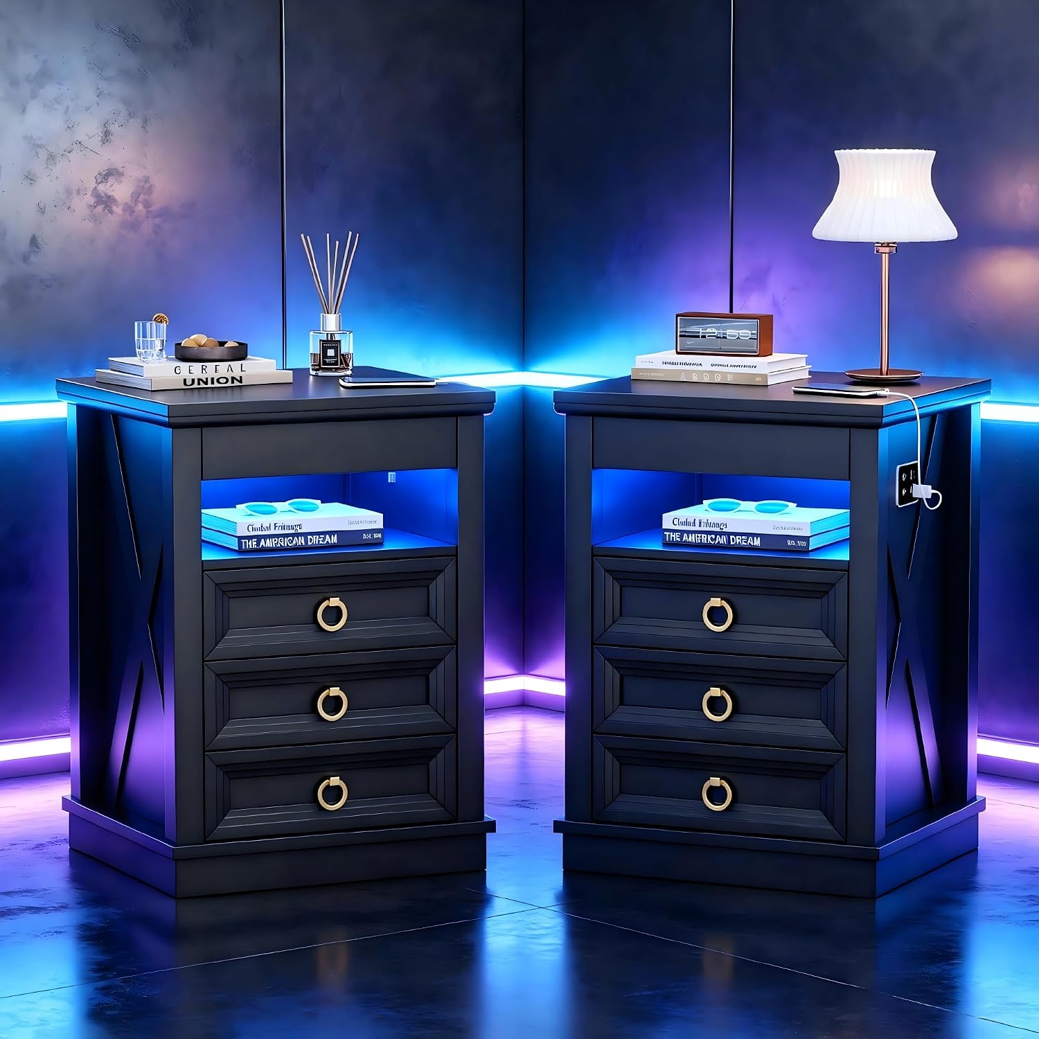 Farmhouse Nightstand with Lockable Hidden Drawer, Human Sensor LED Bedside Table with LED Lights & Charging Station, Rustic Wood Sofa Side End Table with 3 Drawers for Bedroom (Black)