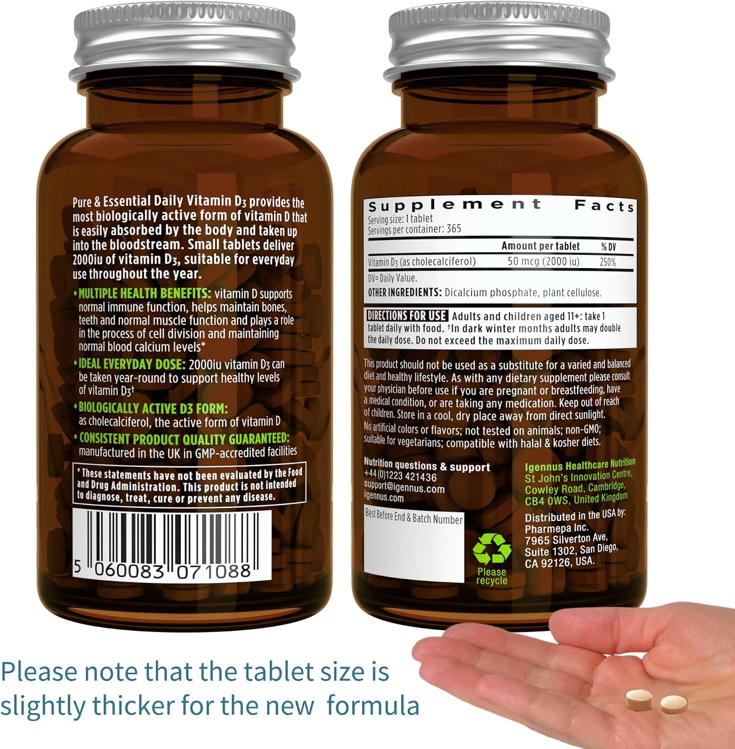 Igennus Daily Vitamin D3 2000iu, 50 mcg, Clean Label, 1-Year Supply | Vegetarian Cholecalciferol Vitamin D Supplement, 365 Small Tablets