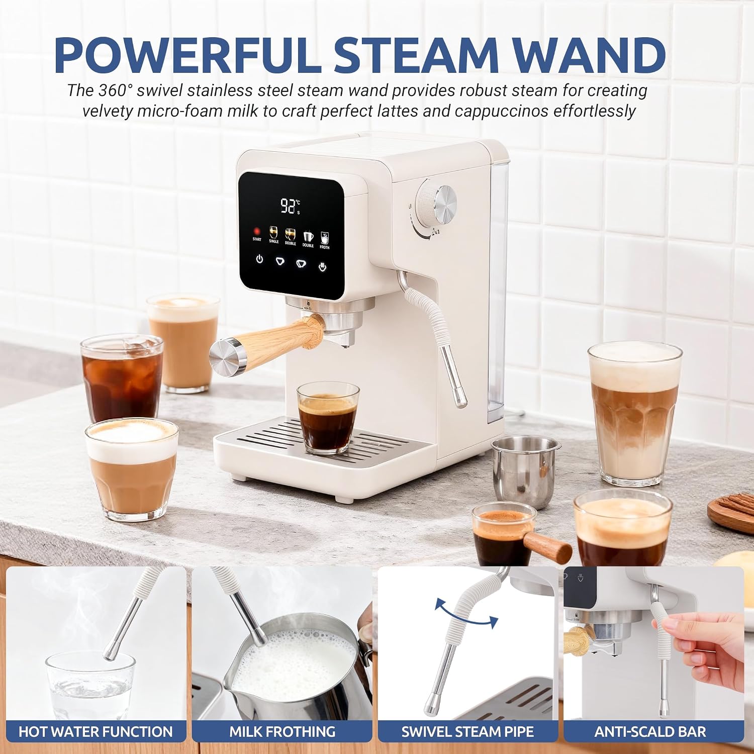 Touchscreen Espresso Machine with Steam Wand, 40.6oz Water Tank | Milk Frother for Cappuccino, Latte, Compact Design, Quick Thermoblock Heating System