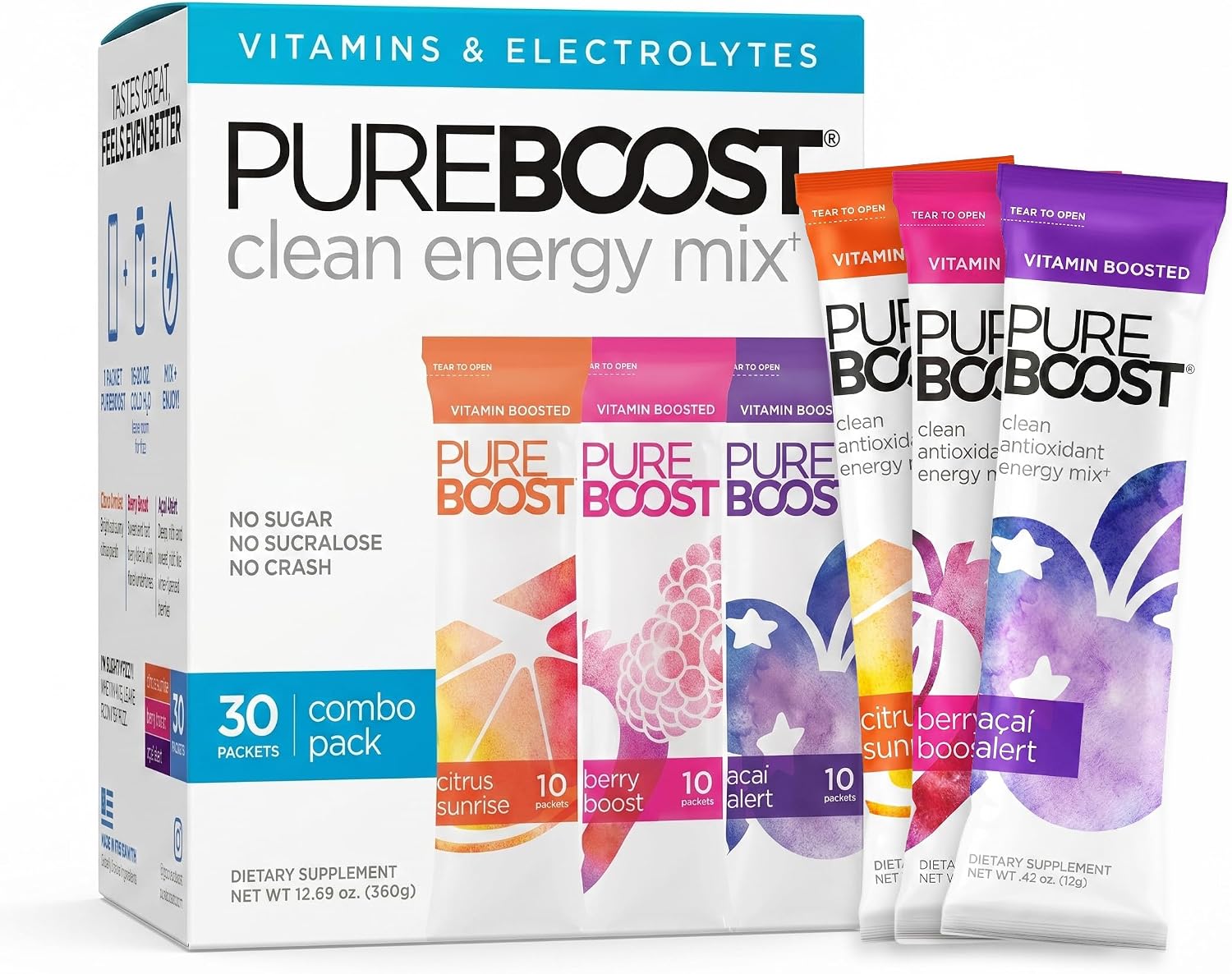 Pureboost Sugar-Free Clean Energy Booster Drink Mix, Citrus Sunrise 30ct | B12 vitamins, low sodium electrolytes & antioxidants. 25 vitamins and minerals. No sucralose.