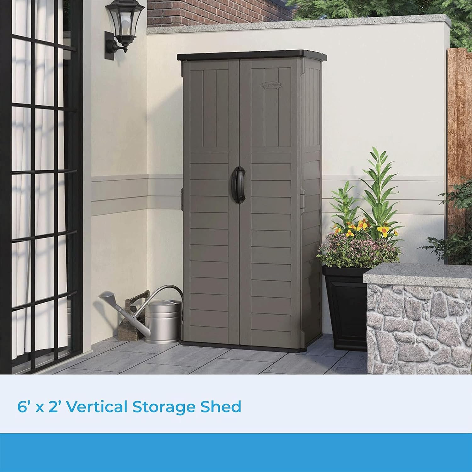 Suncast 22 Cu Ft, Vertical Storage Shed, Pad-Lockable Double Doors, Stoney