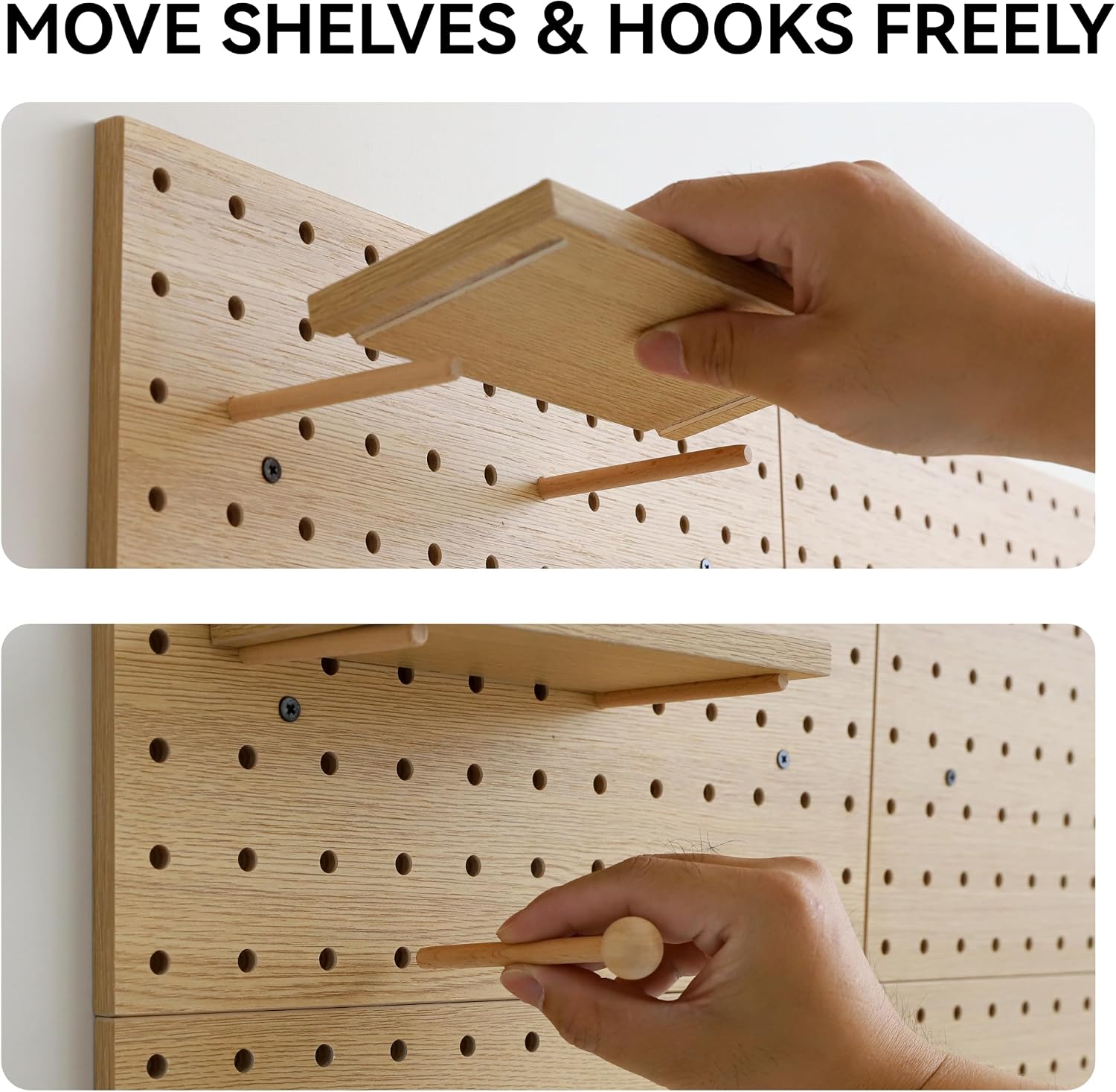 Wooden Pegboard Modular Display Organization Storage Wall Hooks Shelf(Color:Oak)