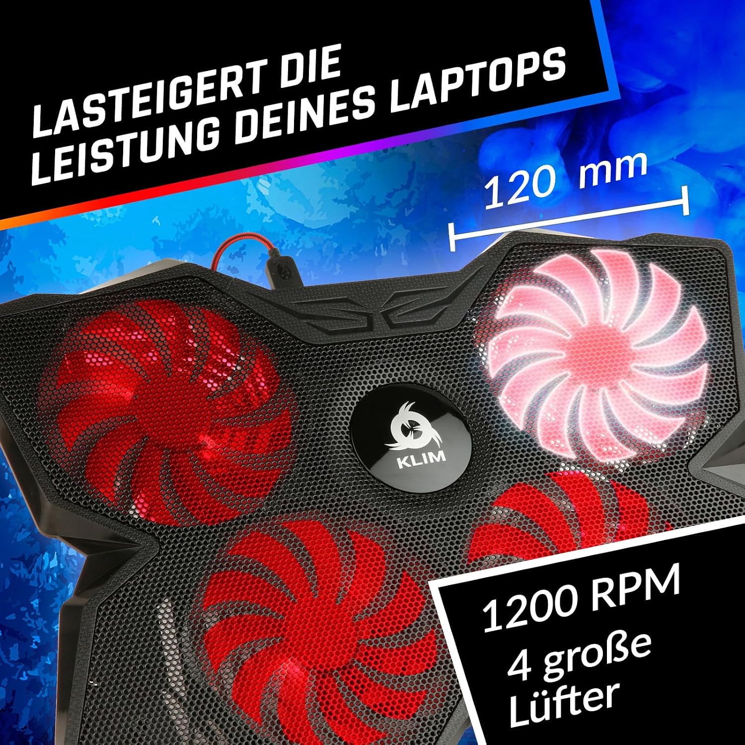 KLIM Wind Laptop Cooling Pad - More Than 500 000 Units Sold - New Version - The Most Powerful Rapid Action Cooling Fan - Laptop Stand with 4 Cooling Fans at 1200 RPM - USB Fan - PS5 PS4 - Blue