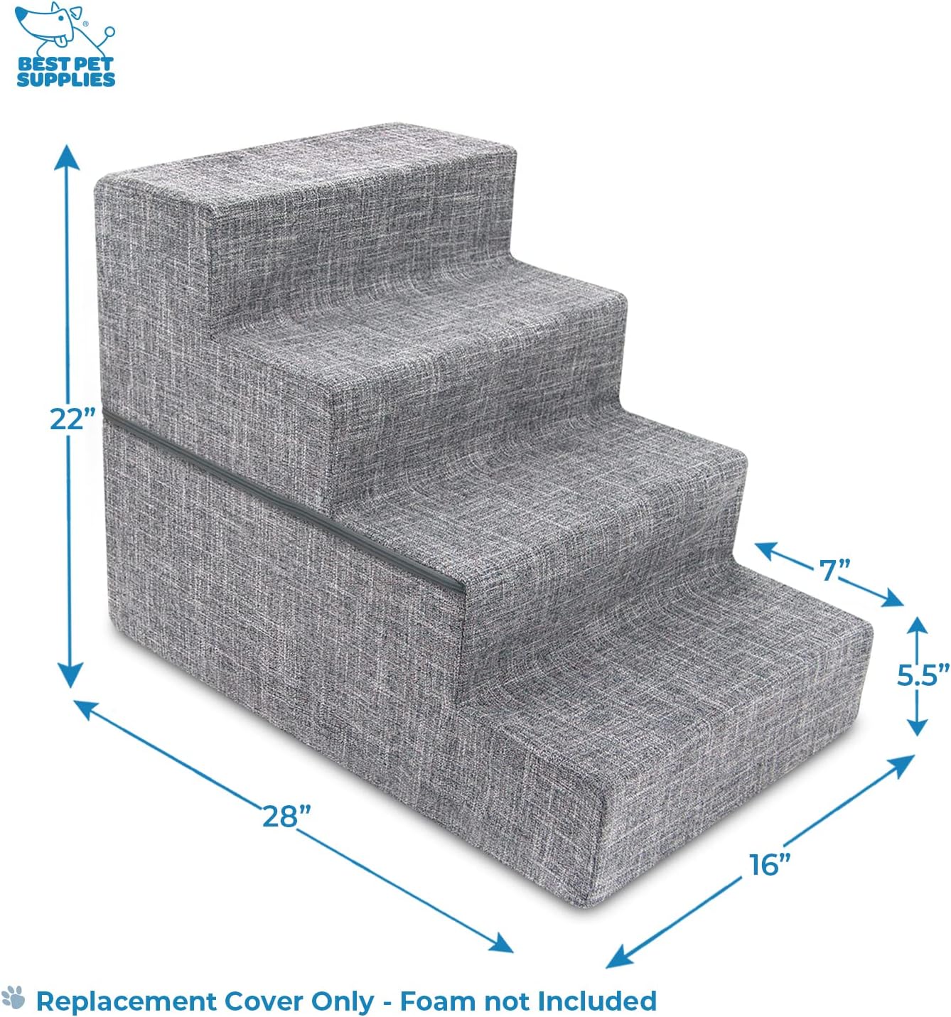 Best Pet Supplies Non-Slip Foam Dog Stair & Pet Ramp, Balanced Indoor Step Support - Foldable Stair, Ash Gray Linen,3-Step