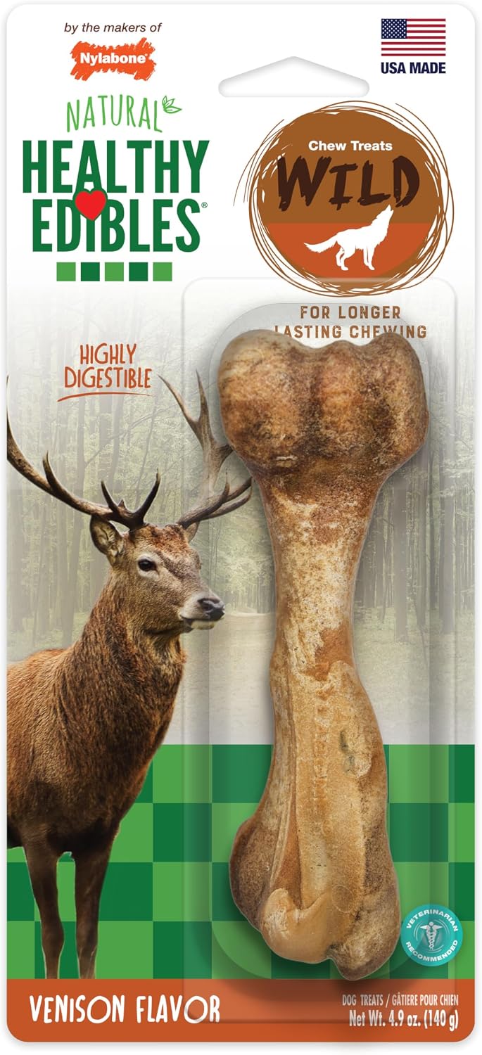 Nylabone Healthy Edibles Wild Dog Treats, Venison Flavor, Large | Natural dog chew bones, made in USA, highly digestible dog chews, long lasting chews for large dogs up to 50 lbs