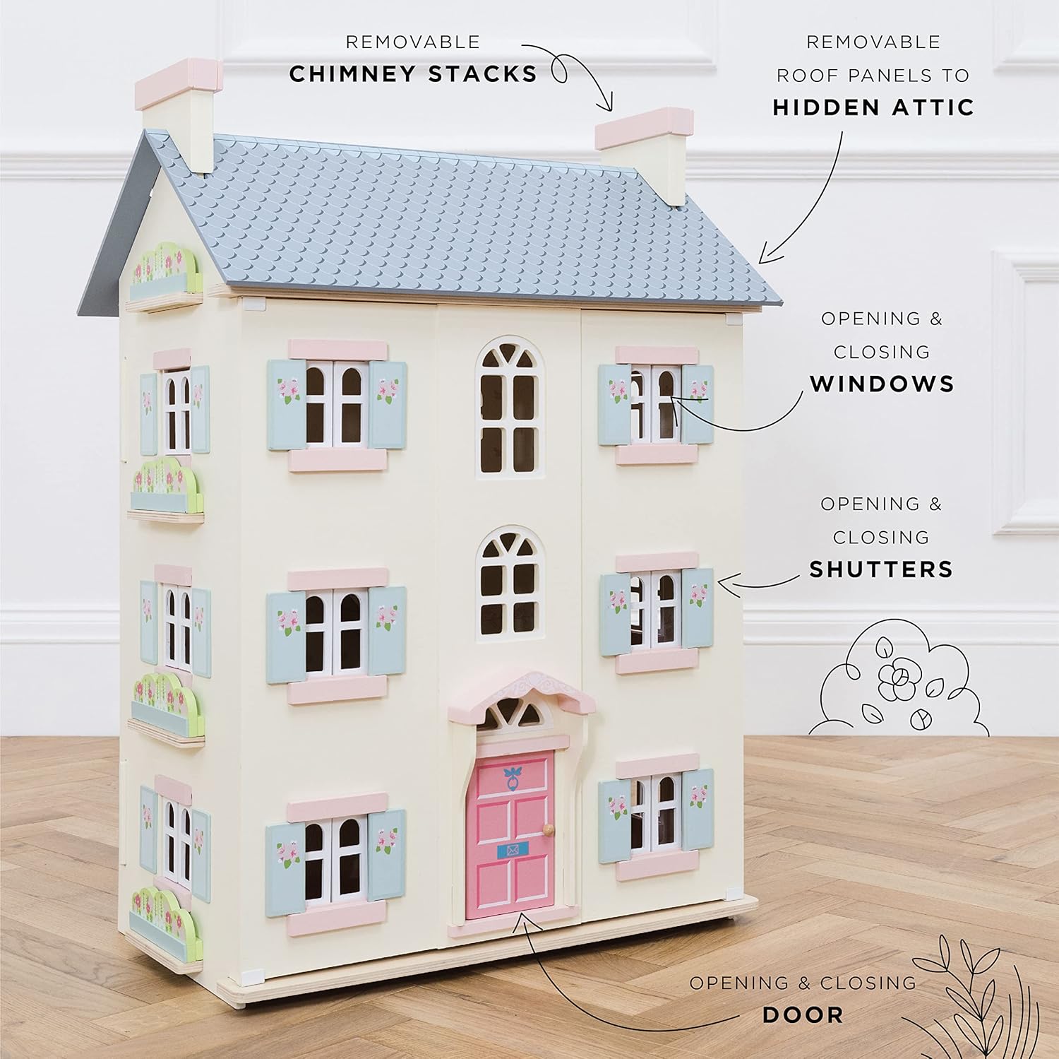 Le Toy Van - Gorgeous Cherry Tree Hall Large 4 Storey Wooden Doll House Play Set For Girls or Boys | Great As A Gift | Suitable for Ages 3+