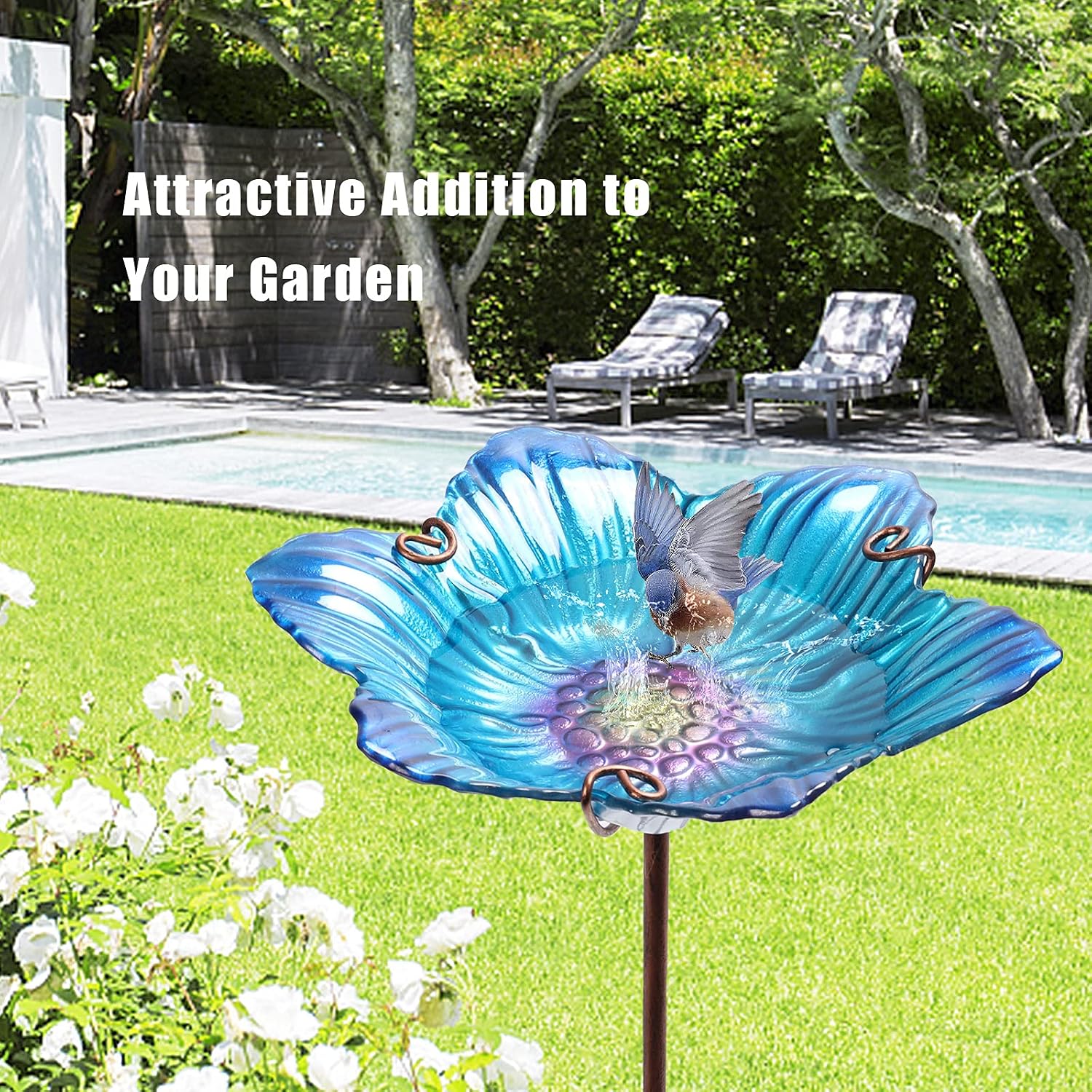26" Glass Bird Bath, Outdoor Birdbath Bird Feeder Green Flower Metal Stake