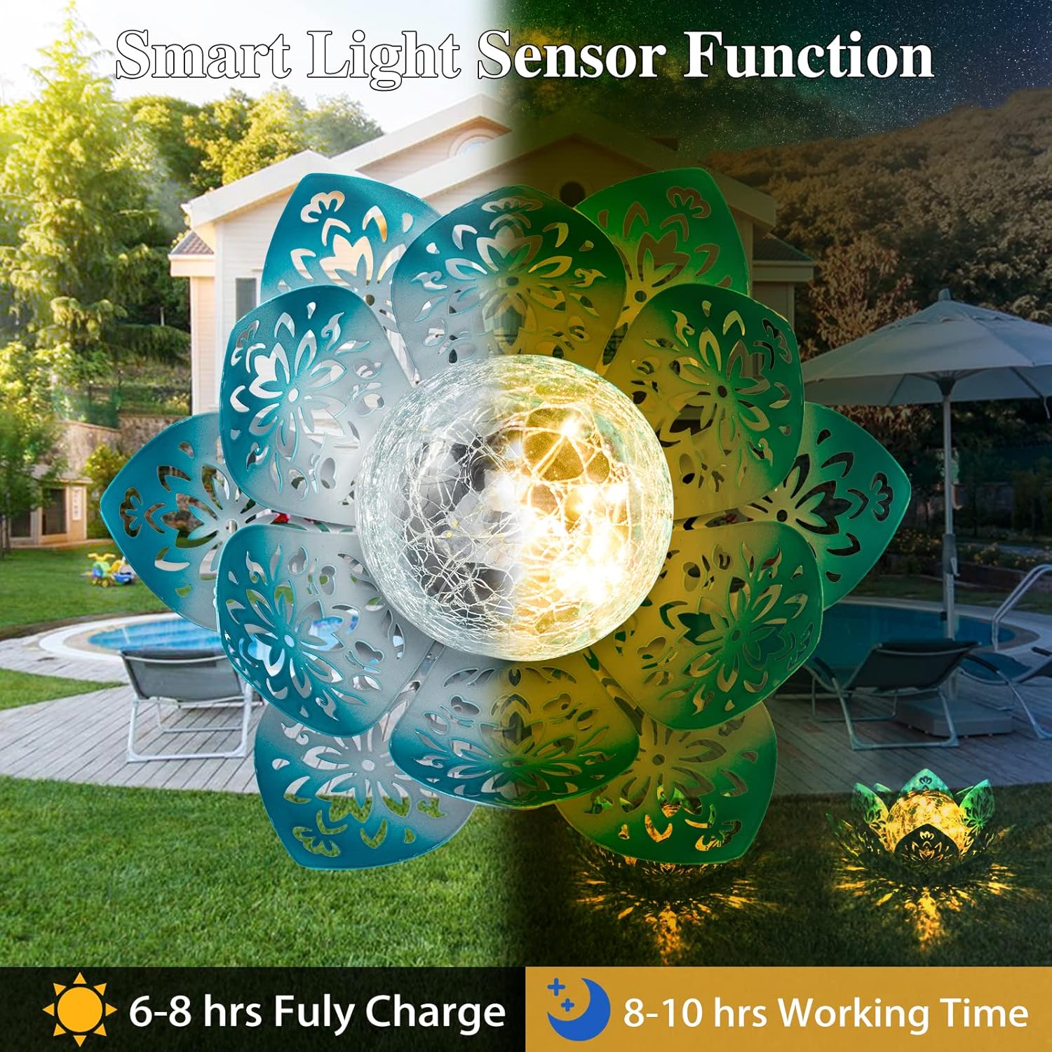 Huaxu Solar Lights Outdoor Garden, Crackle Globe Glass Lotus Decor, Waterproof LED Metal Flower Decorations for Patio,Lawn,Walkway,Tabletop,Ground
