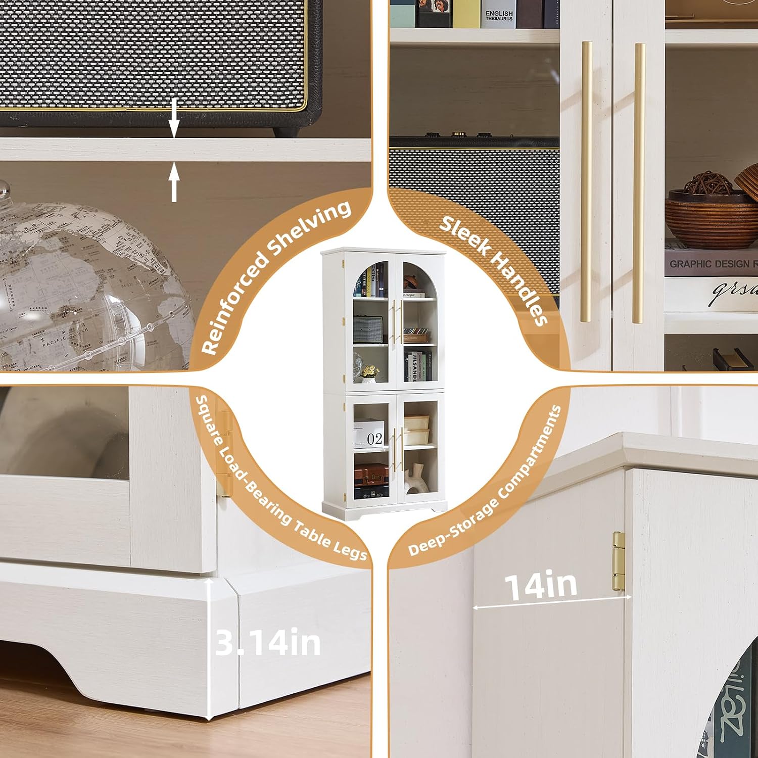 Joaxswe 72" Tall Bookshelf with 4 Curved Glass Doors, Farmhouse Bookcase with 3-Tier Adjustable Shelves, Modern Living Room Display Cabinet, Large Storage Cabinet for Home Office,Dining Room, Natural