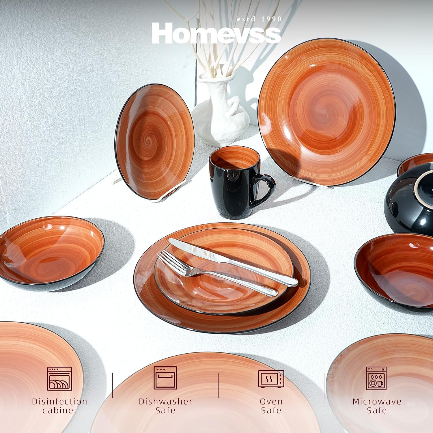 HomeVss, Sonoma Stoneware Dinnerware Set, Outside Black + Inside Hand Painting Color (16pc Set, Grey)