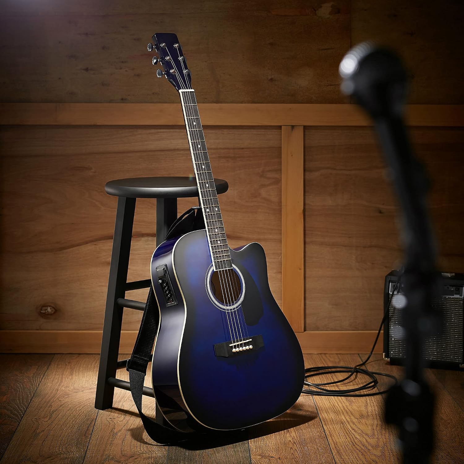Ashthorpe Full-Size Dreadnought Cutaway Acoustic-Electric Guitar Bundle - Premium Tonewoods - Blue