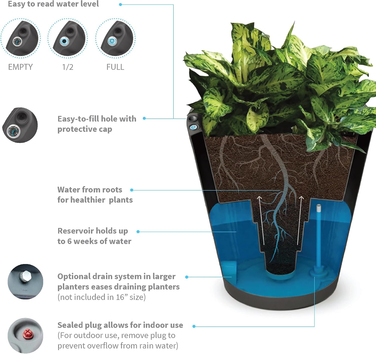 Crescent Garden Dot TruDrop Indoor/Outdoor Planter, Self-Watering Plant Pot, 20 Inches, (Mocha)