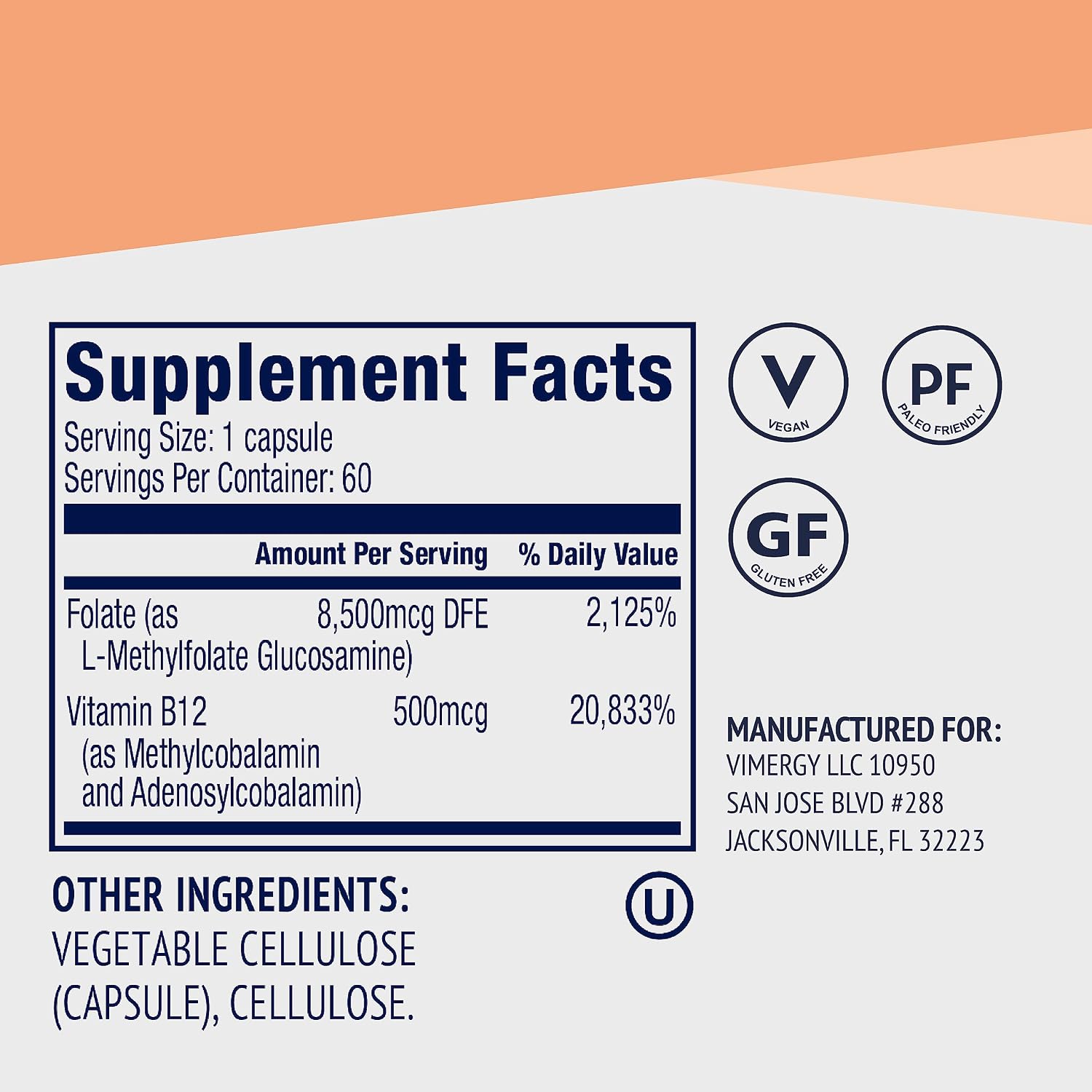 Vimergy 5-MTHF Vegan Capsules for Brain Energy Supplement, 60 Servings
