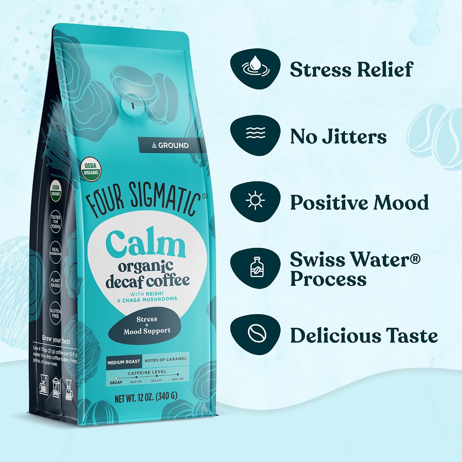 Four Sigmatic Organic Focus Mushroom Ground Coffee | Dark Roast, Organic Coffee with Lion's Mane & Chaga Mushroom for Mental Clarity & Energy Support | 12oz Bag