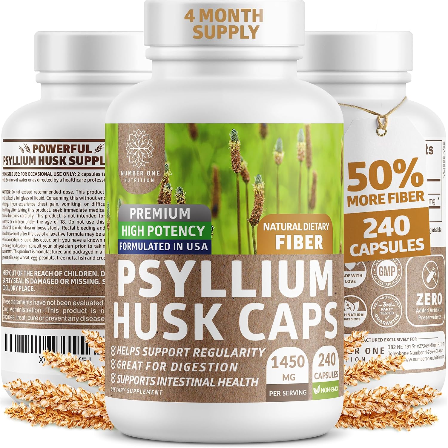 Psyllium Husk Capsules 1450mg, Soluble Fiber Support, Non-GMO, 240 Caps