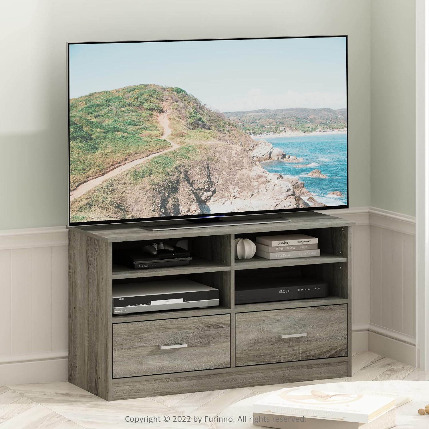 Furinno Fowler Multipurpose TV Stand Bookshelves, French Oak Grey