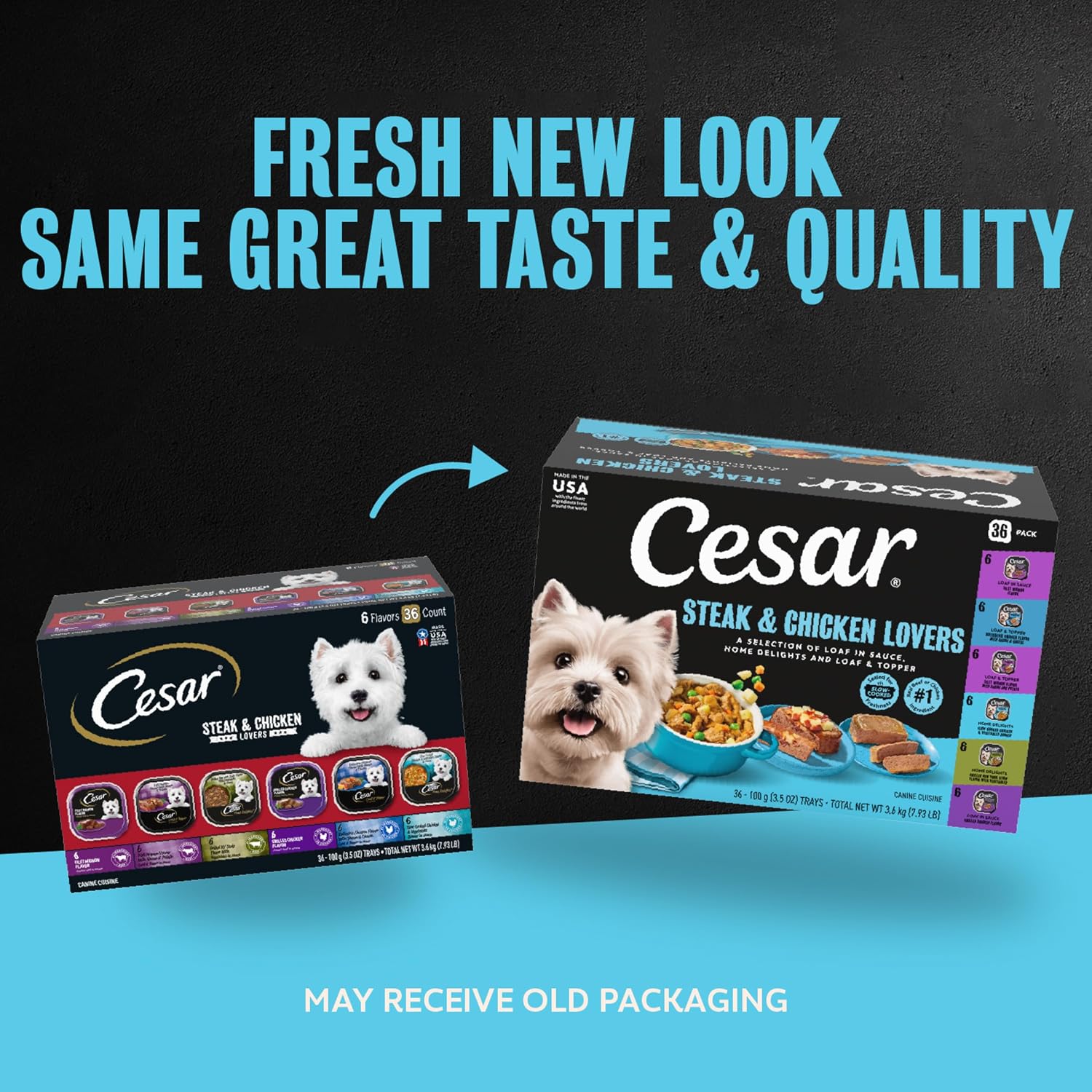 Cesar Wet Dog Food, Steak Lovers Variety Pack, 3.5 oz, 36 Count | Real meat #1 ingredient, easy peel trays, 100% complete & balanced, no fillers, no added sugar, no artificial flavors