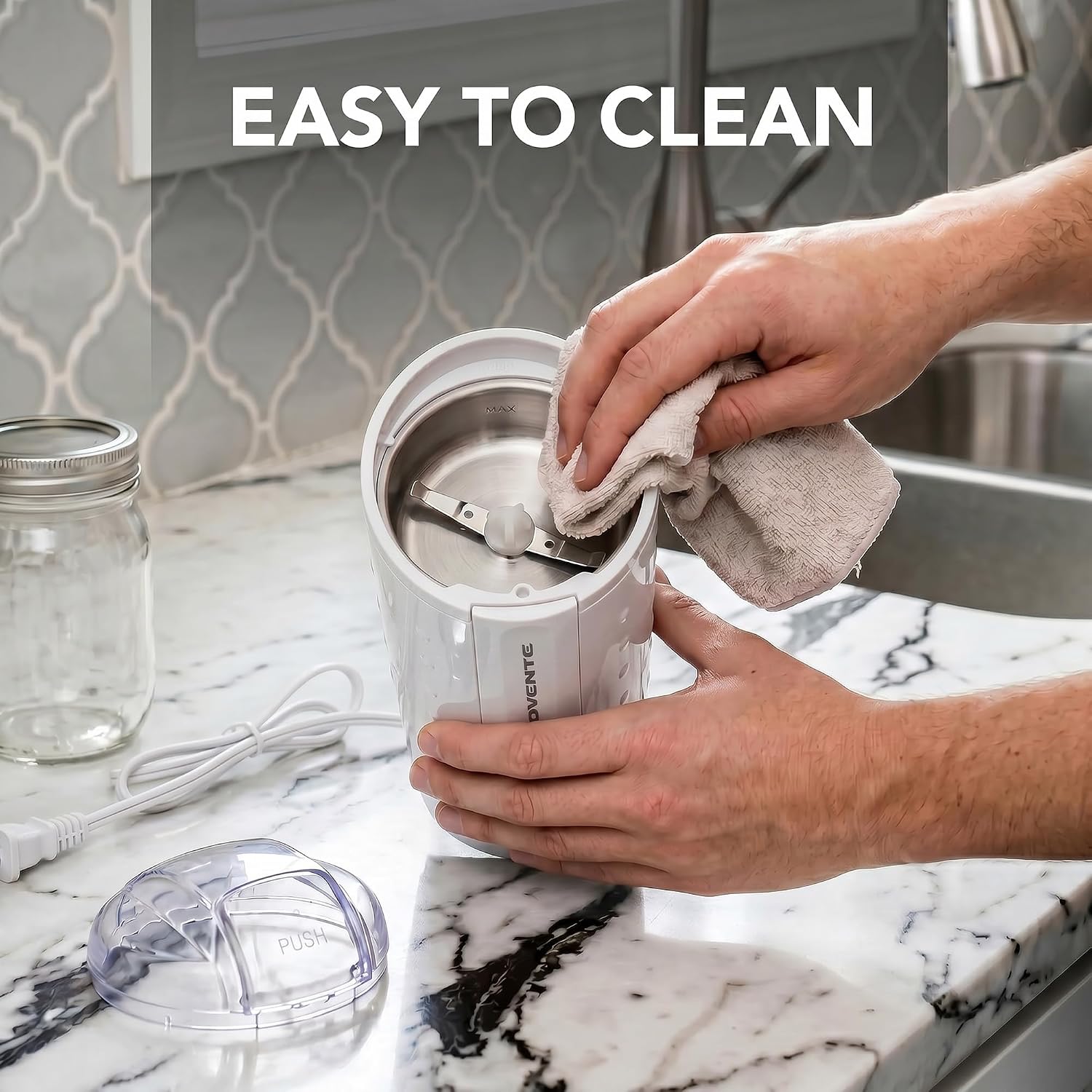 OVENTE Electric Coffee Grinder with One Touch Push-Button, White CG225W | 2.5oz Capacity, 150W Motor, Stainless Steel Blades for Uniform Grinding of Beans, Spices, Herb, Nuts & More, Safety Lock Lid