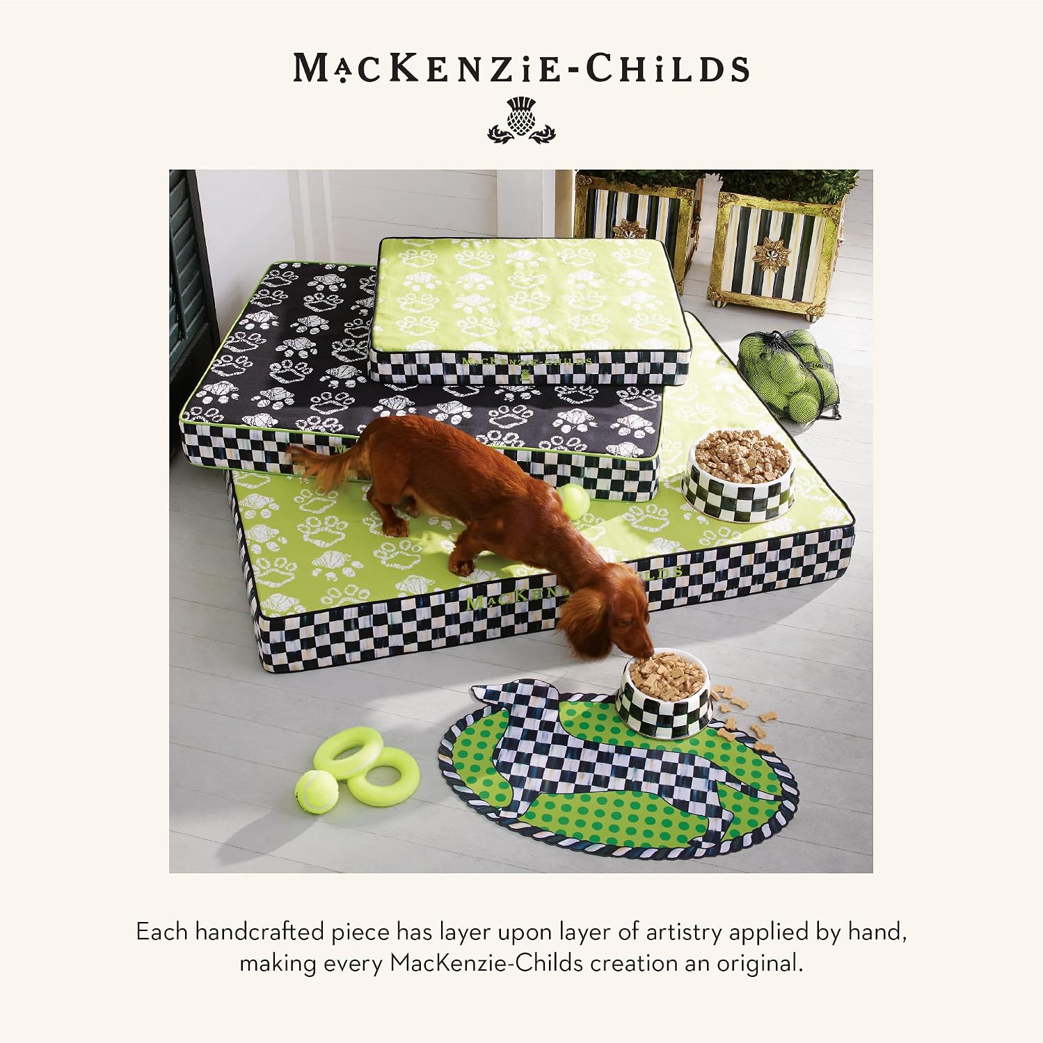 MACKENZIE-CHILDS Enamel Pet Dish, Large, Black-and-White Courtly Check | Decorative cat and dog bowl for food and water, 40-ounce capacity