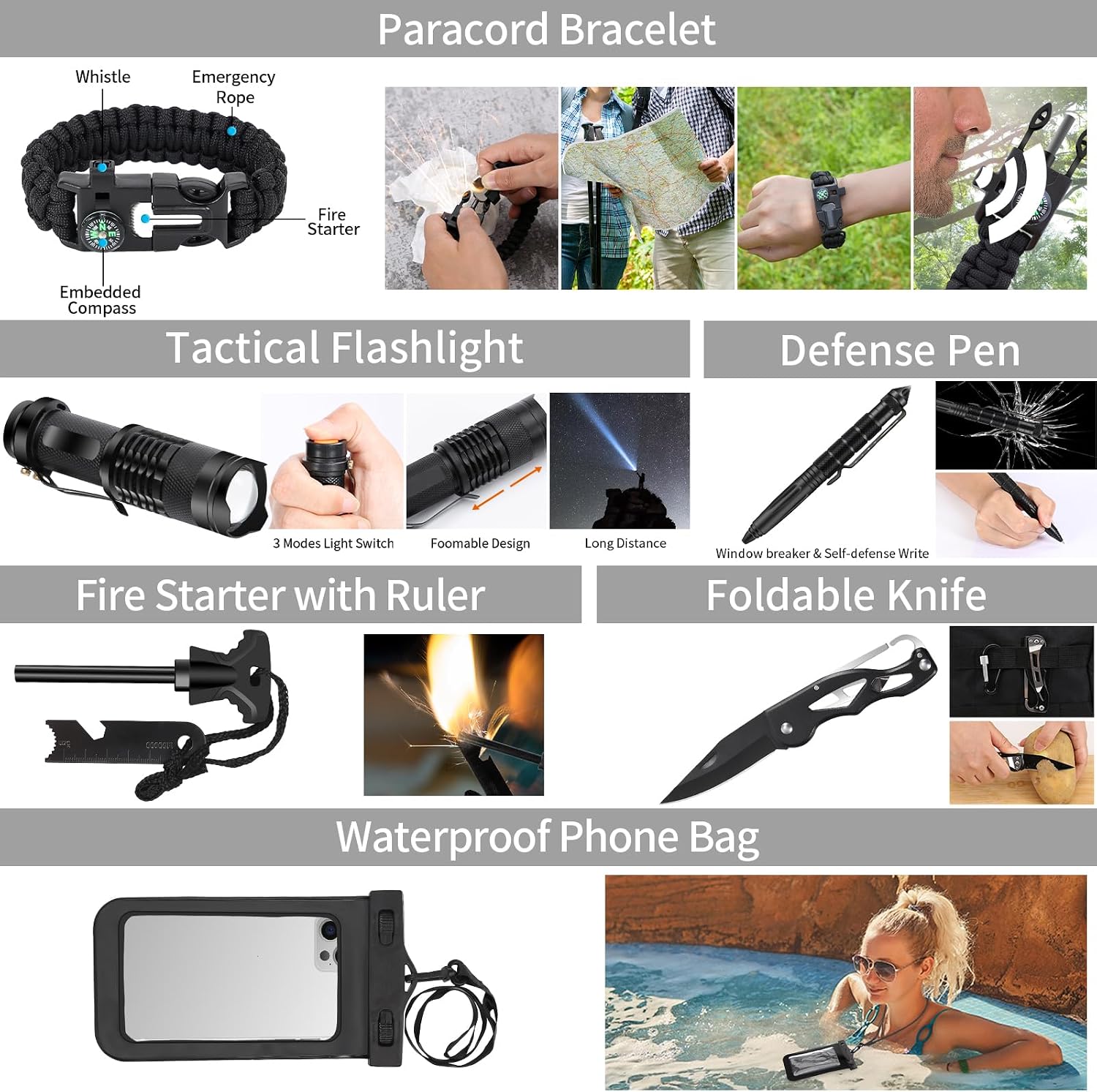 Emergency Survival Kit and First Aid Kit, Camping First Aid Survival Kit with Molle Pouch for Preparedness Outdoor Adventure, Black