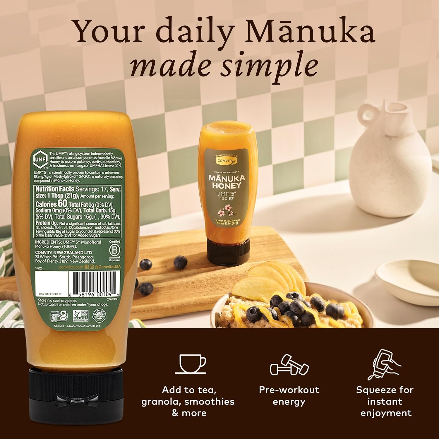 Comvita Manuka Honey UMF 5+ (MGO 83+) Pure, Unpasteurized - 1Kg (32.5 Oz) | Raw Manuka Honey New Zealand, Superfood for Immune Health, Use in Tea, Wild, Monofloral, Non-GMO